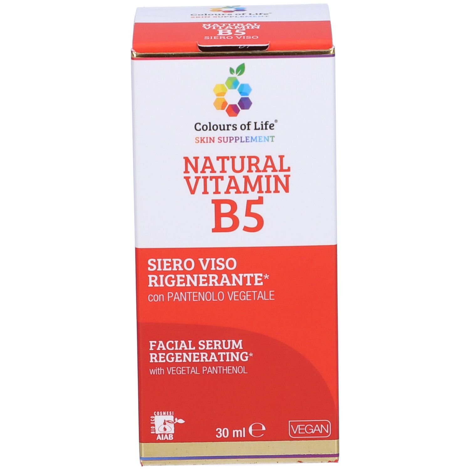 Produktverpackung. Aufschrift: Natural Vitamin B5 Siero Viso Rigenerante. Marke: Colours of Life.