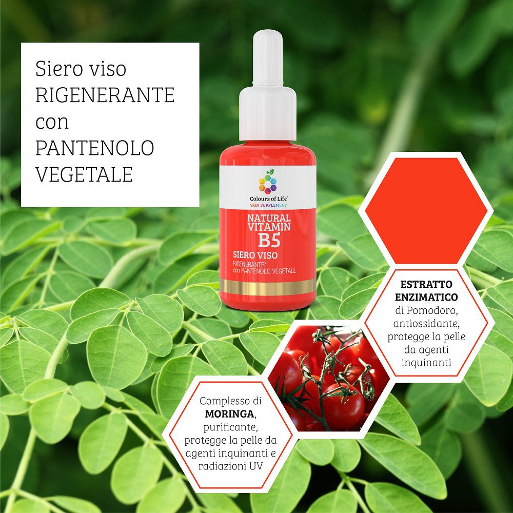 Gezichtsserumflasche mit Zutaten-Infografiken: Tomatenextrakt, Moringa-Komplex, pflanzliches Panthenol.