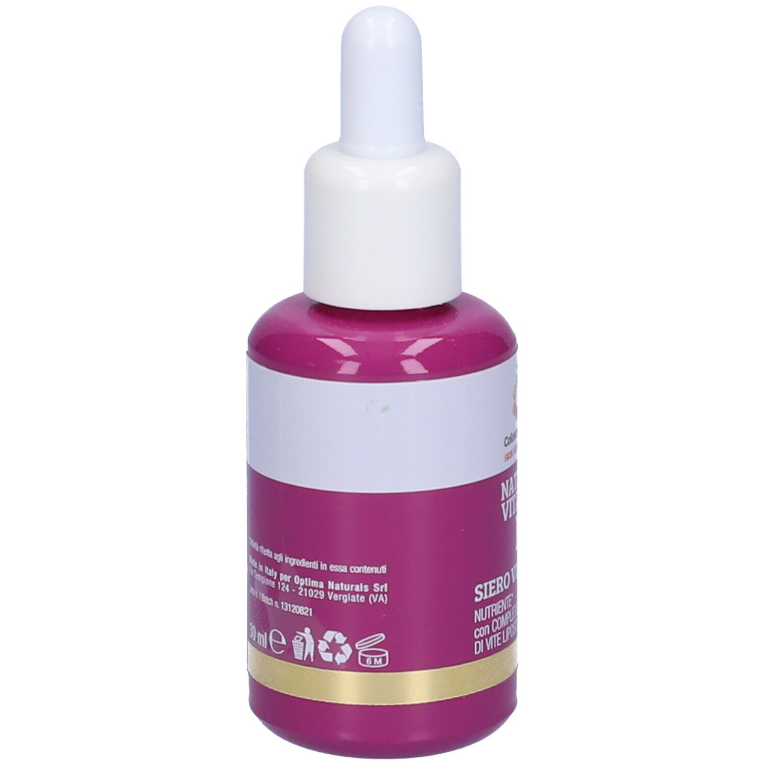 Flasche mit Serum. Rosa Flasche mit weißem Deckel und Pipette. Aufschrift: Natural Vitamin E, Siero Viso Nutriente.