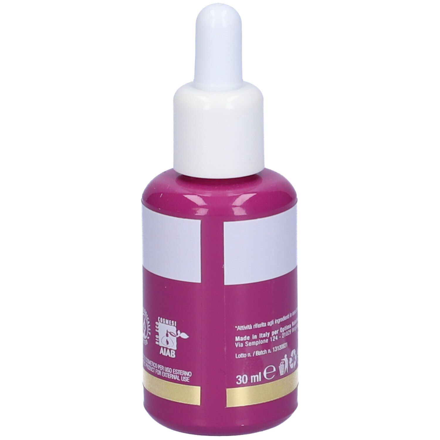 Flasche mit Serum. Rosa Flasche mit weißem Deckel und Pipette. Aufschrift: Natural Vitamin E, Siero Viso Nutriente.