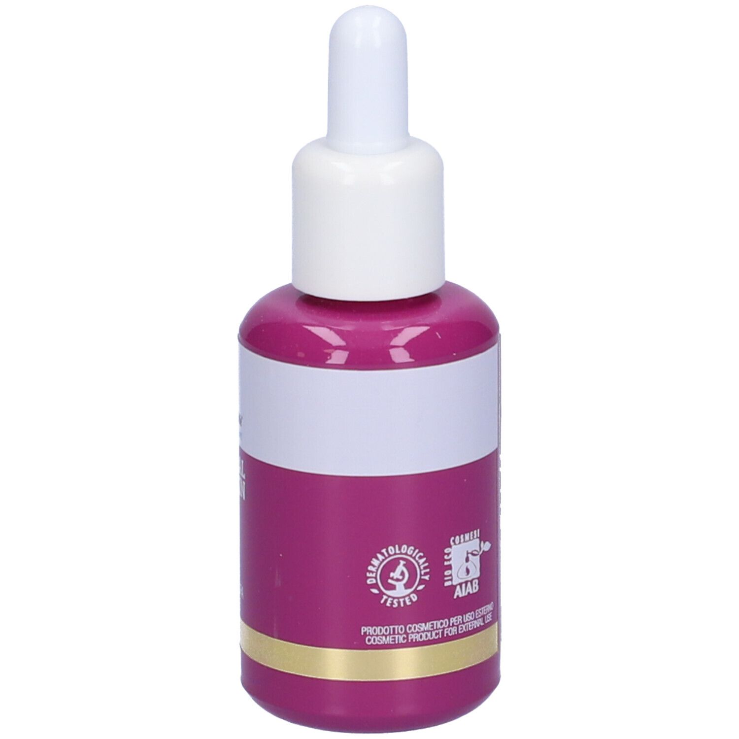 Flasche mit Serum. Rosa Flasche mit weißem Deckel und Pipette. Aufschrift: Natural Vitamin E, Siero Viso Nutriente.