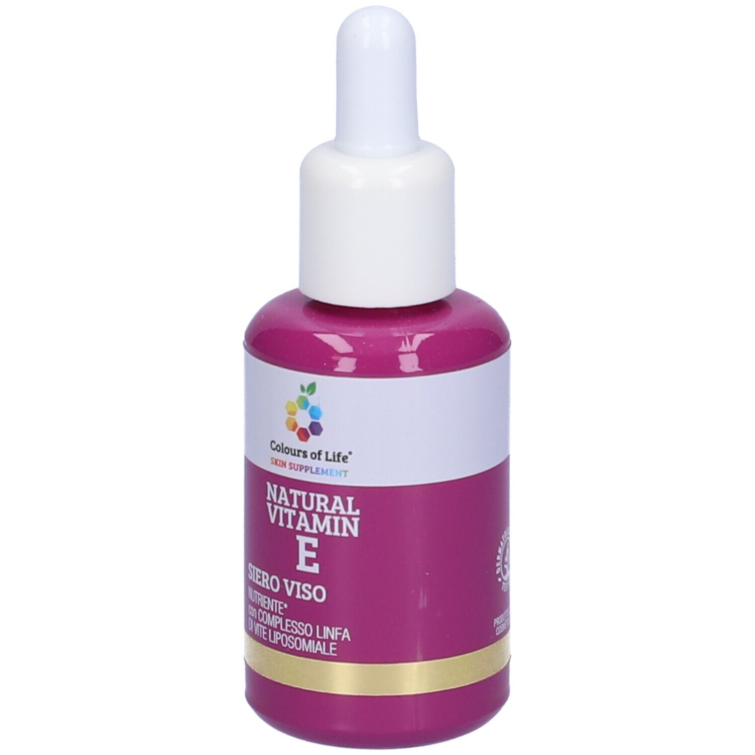 Flasche mit Serum. Rosa Flasche mit weißem Deckel und Pipette. Aufschrift: Natural Vitamin E, Siero Viso Nutriente.