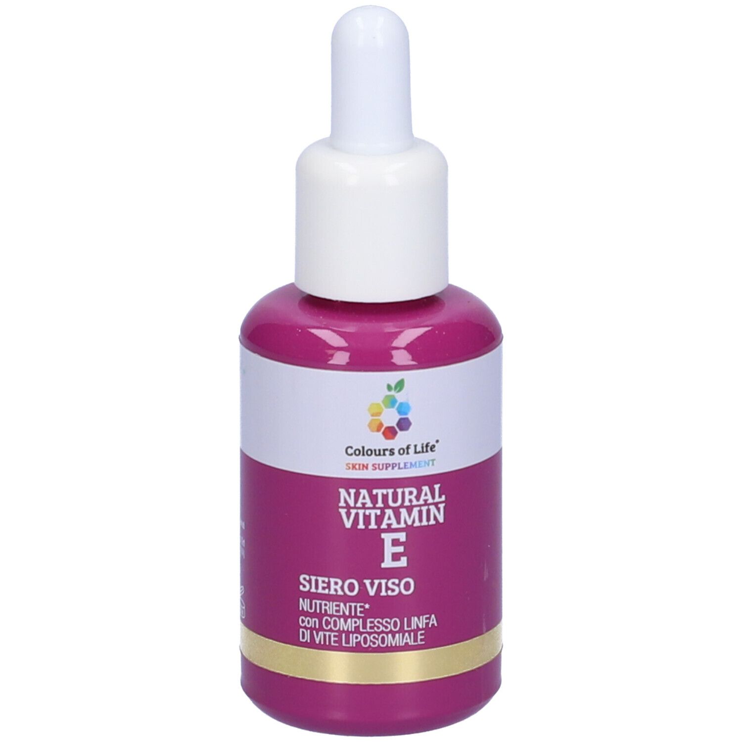 Flasche mit Serum. Rosa Flasche mit weißem Deckel und Pipette. Aufschrift: Natural Vitamin E, Siero Viso Nutriente.