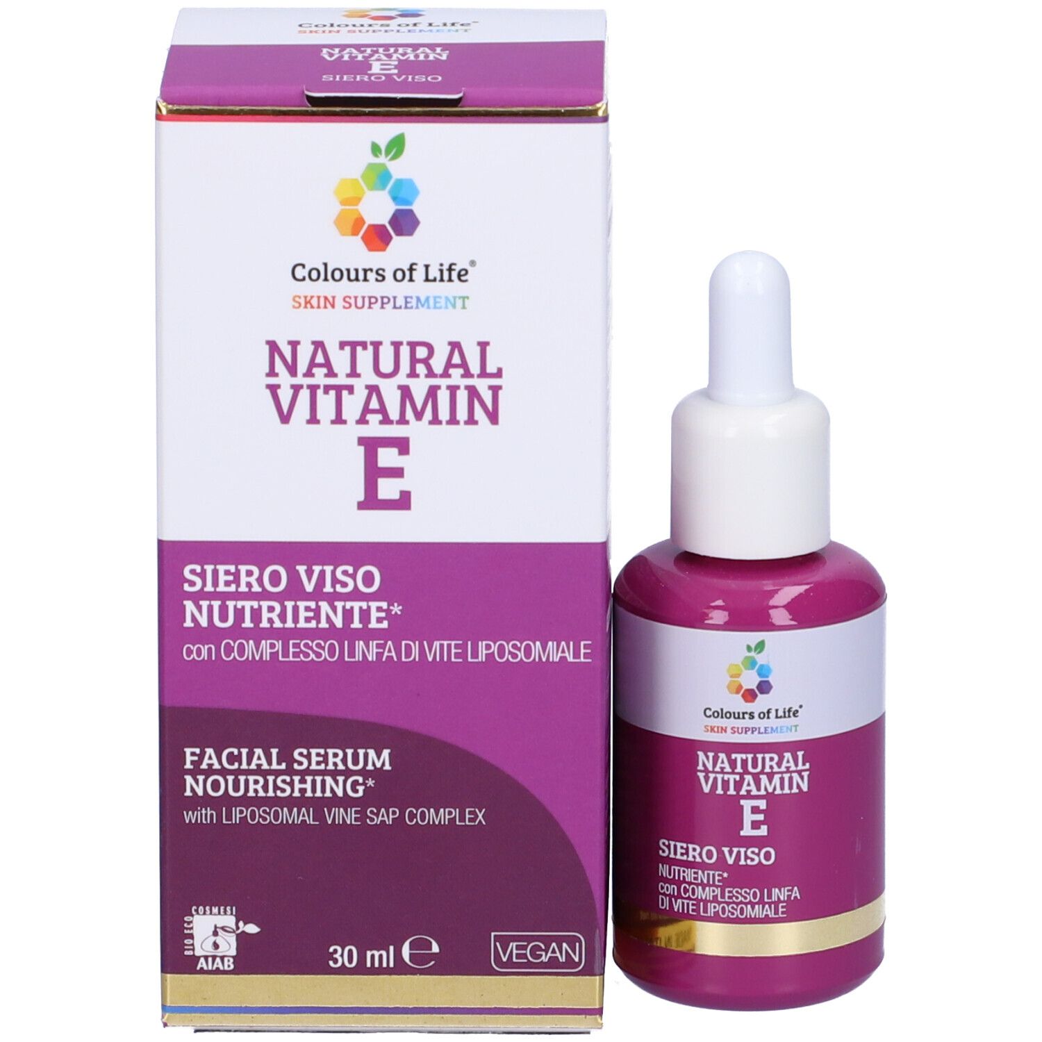 Produktverpackung und Flasche. Karton und Flasche mit Serum. Aufschrift: Natural Vitamin E, Siero Viso Nutriente.