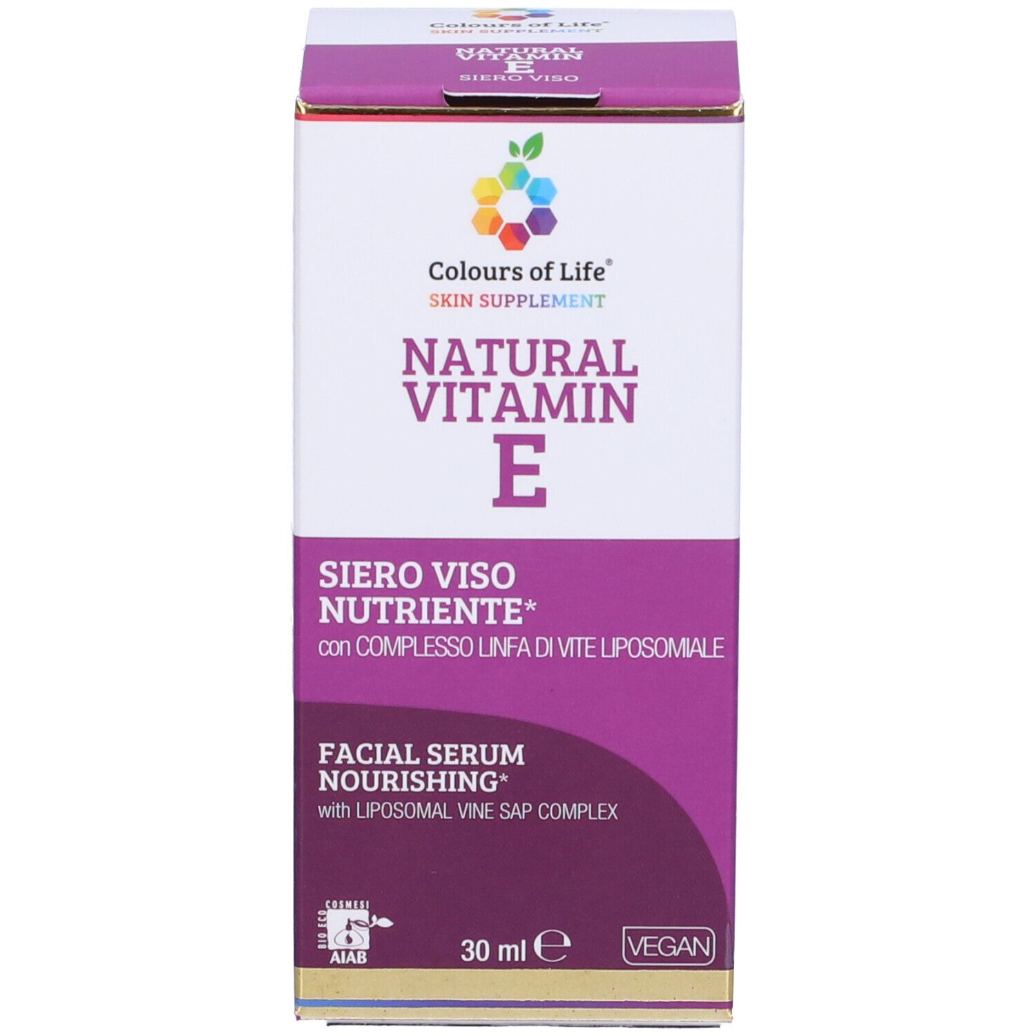 Produktverpackung. Karton mit Aufschrift: Natural Vitamin E, Siero Viso Nutriente, 30 ml.