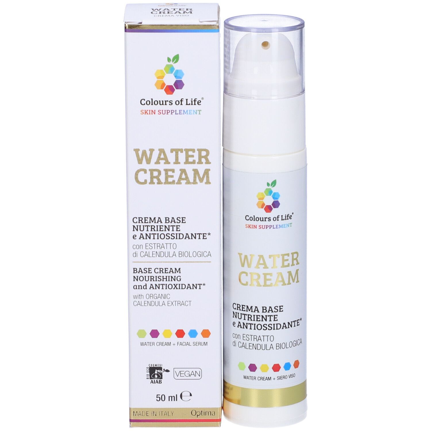 Produktverpackung und Flasche. Aufschrift: Water Cream, Crema Base Nutriente e Antiossidante. 50 ml. Vegan.
