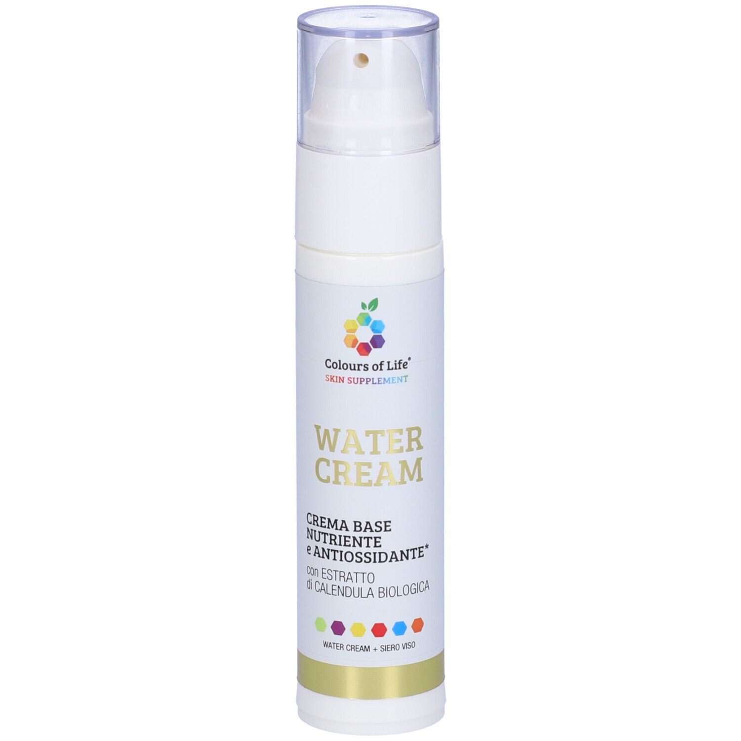 Weiße Flasche mit Pumpe. Aufschrift: Water Cream, Crema Base Nutriente e Antiossidante. Farben von Life Logo.