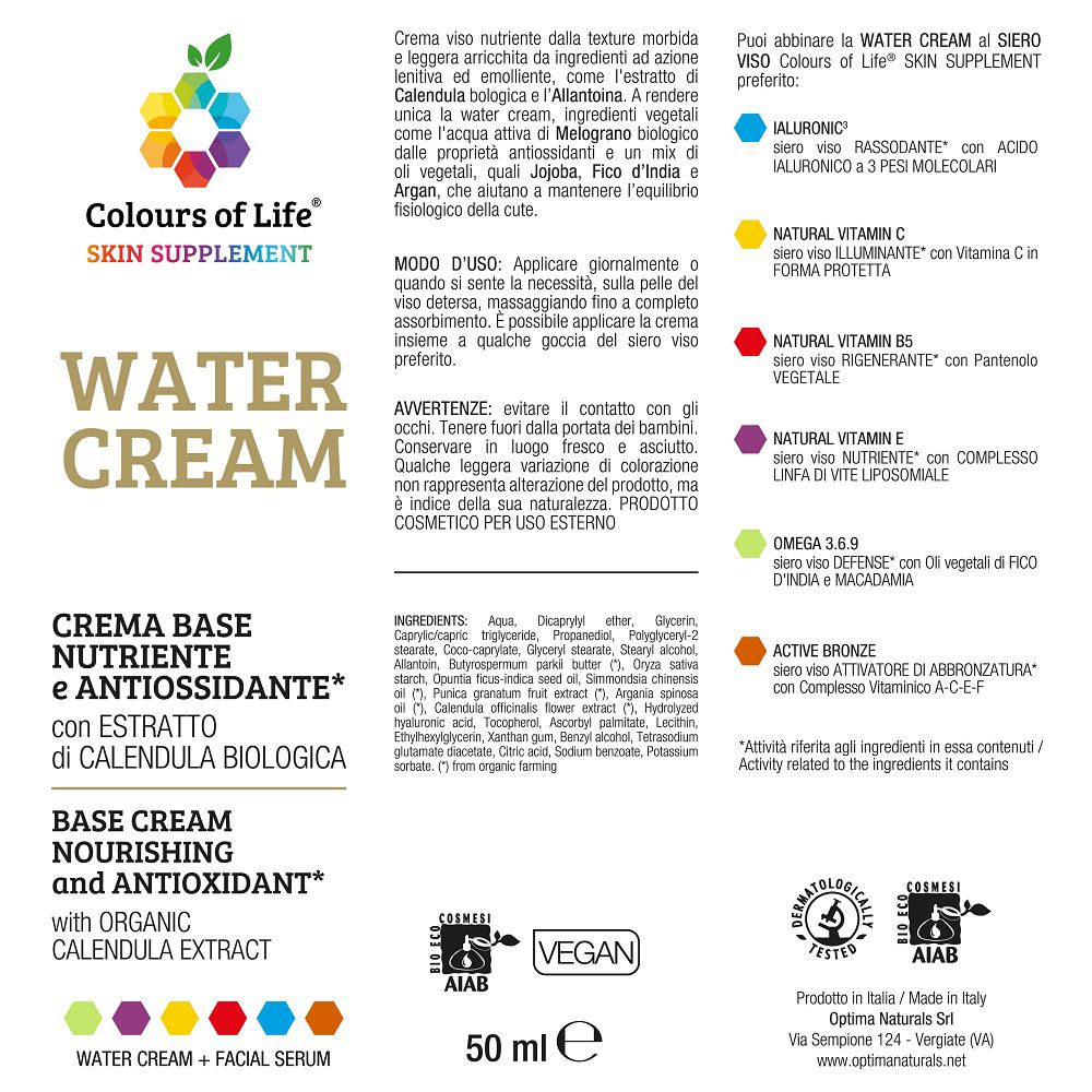 Rückseite der Water Cream Gesichtscreme-Verpackung mit Inhaltsstoffen und Anwendung.