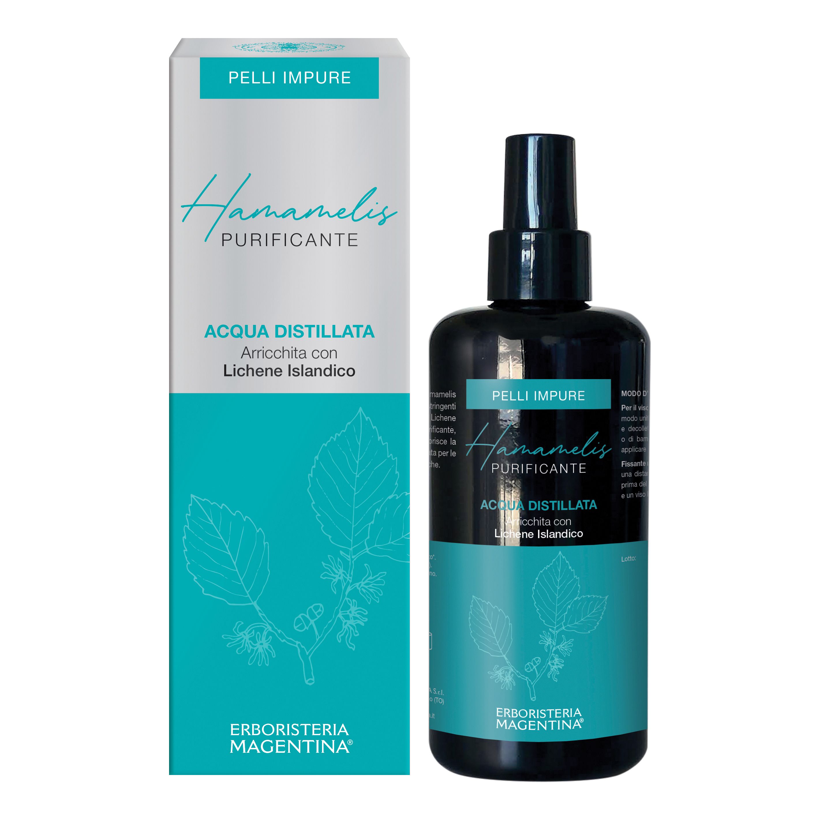 Flacone nero e scatola. Scritta: Hamamelis Purificante, Acqua Distillata, Pelli Impure. Marchio: Erboristeria Magentina.