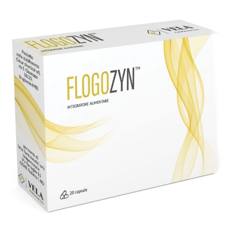 Scatola bianca con nome Flogozyn e design giallo. Contiene 20 capsule. Logo VELA.