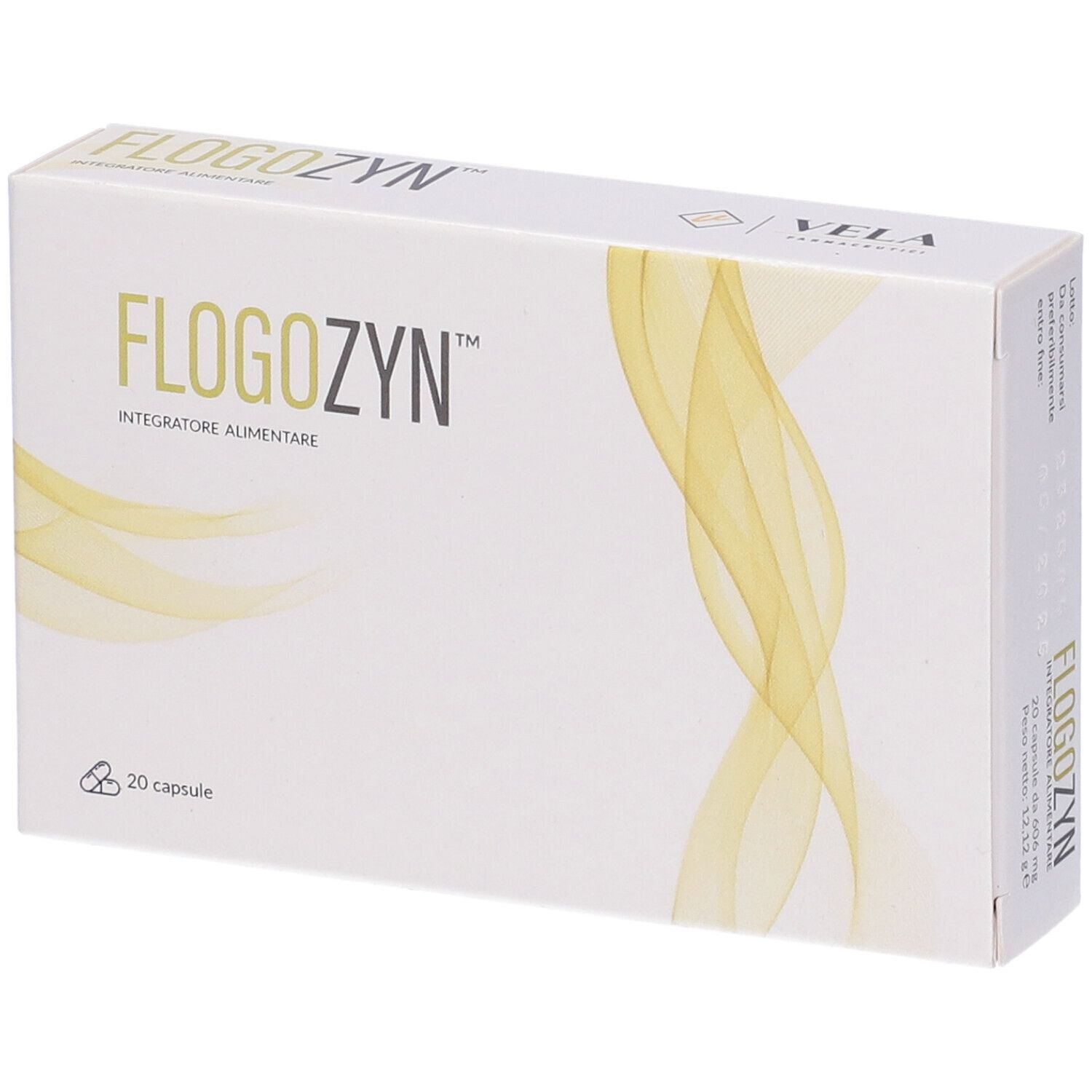 Scatola bianca con nome Flogozyn e design giallo. Contiene 20 capsule. Logo VELA.
