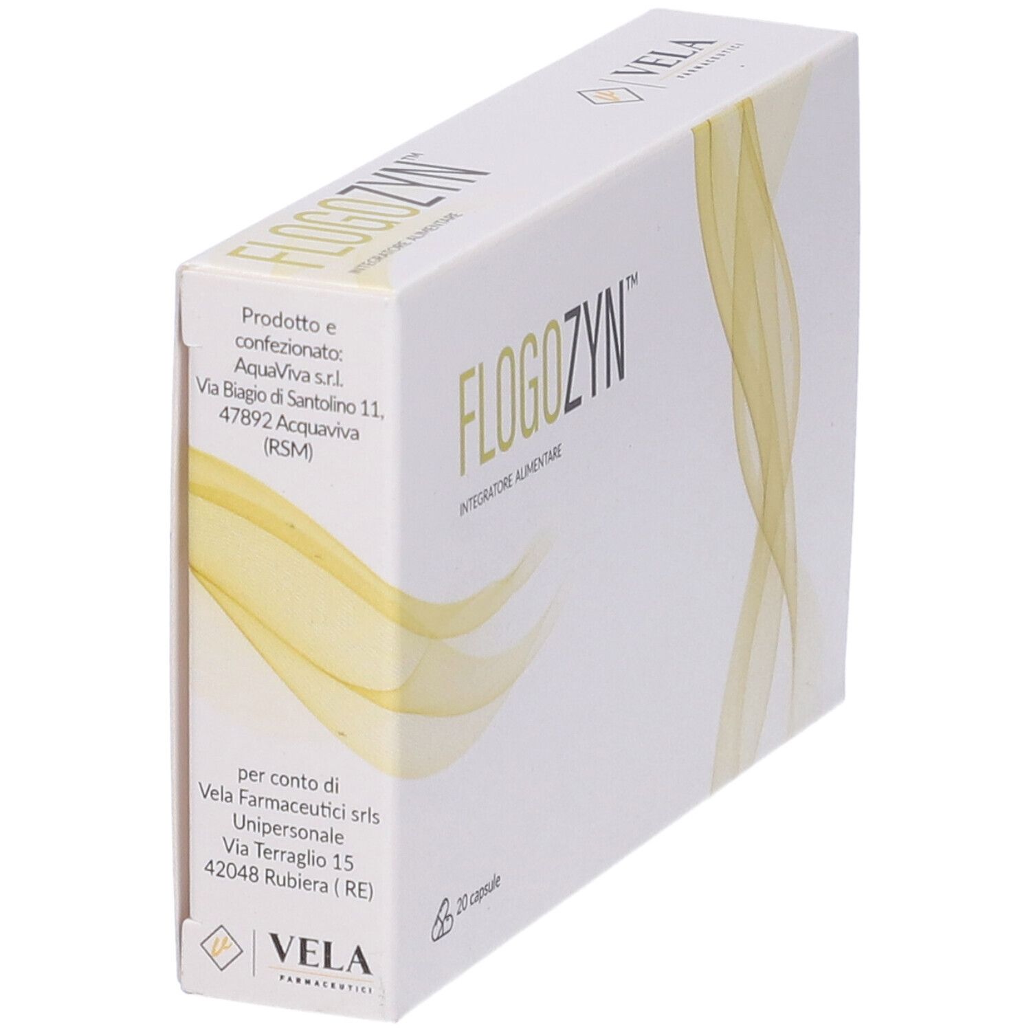 Scatola bianca con nome Flogozyn e design giallo. Contiene 20 capsule. Logo VELA.