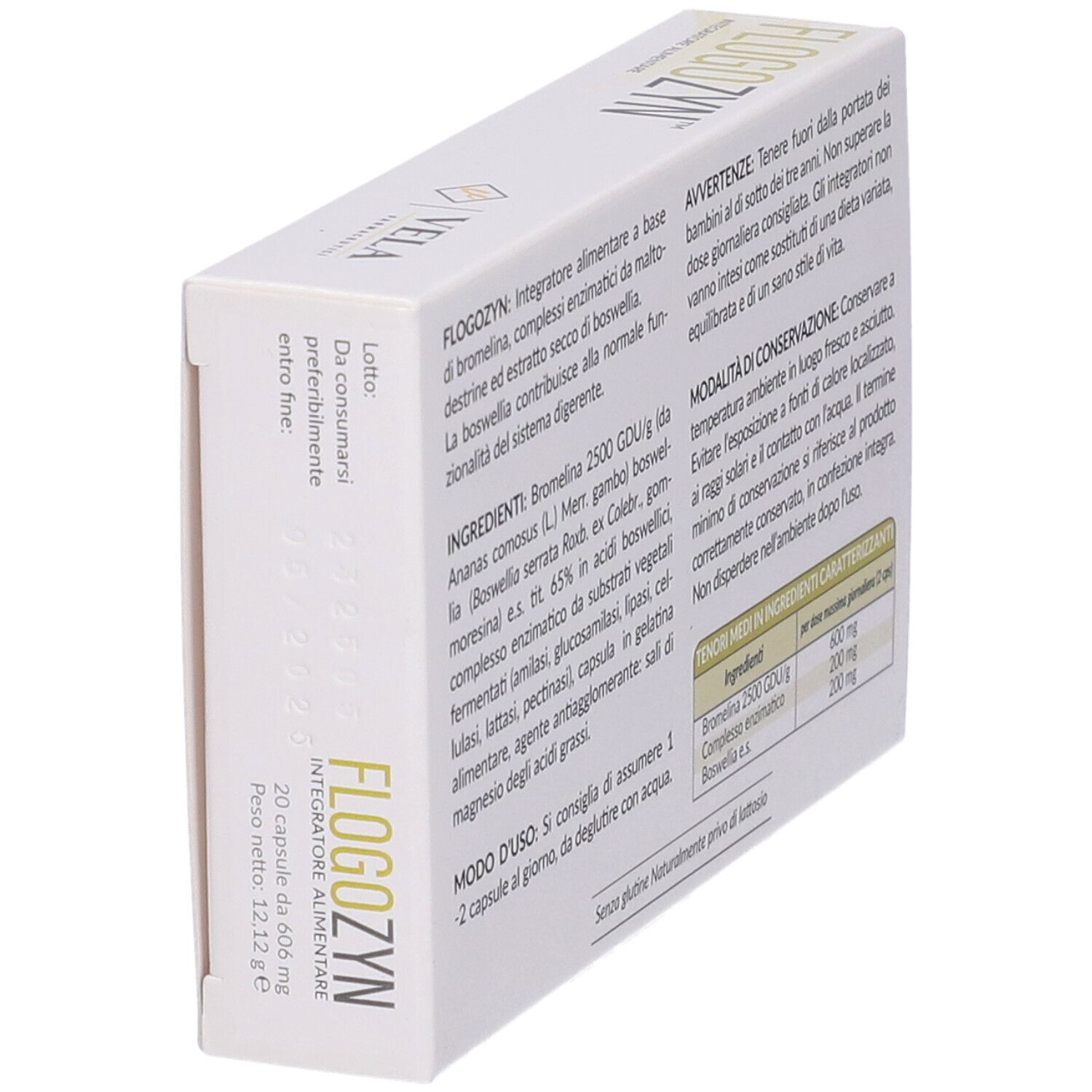 Scatola Flogozyn, vista laterale. Contiene 20 capsule. Testo con ingredienti e istruzioni per l'uso. Logo VELA.