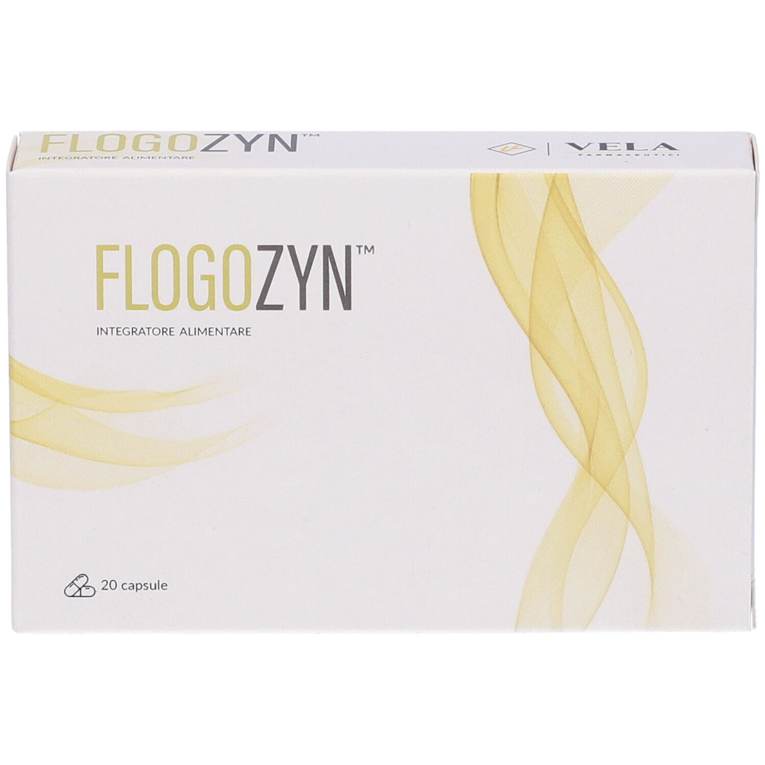 Scatola bianca con nome Flogozyn e design giallo. Contiene 20 capsule. Logo VELA.