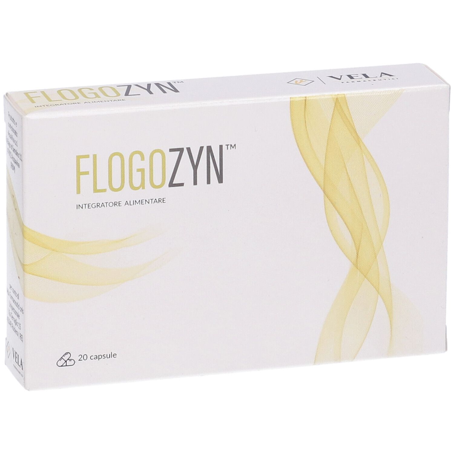 Scatola bianca con nome Flogozyn e design giallo. Contiene 20 capsule. Logo VELA.