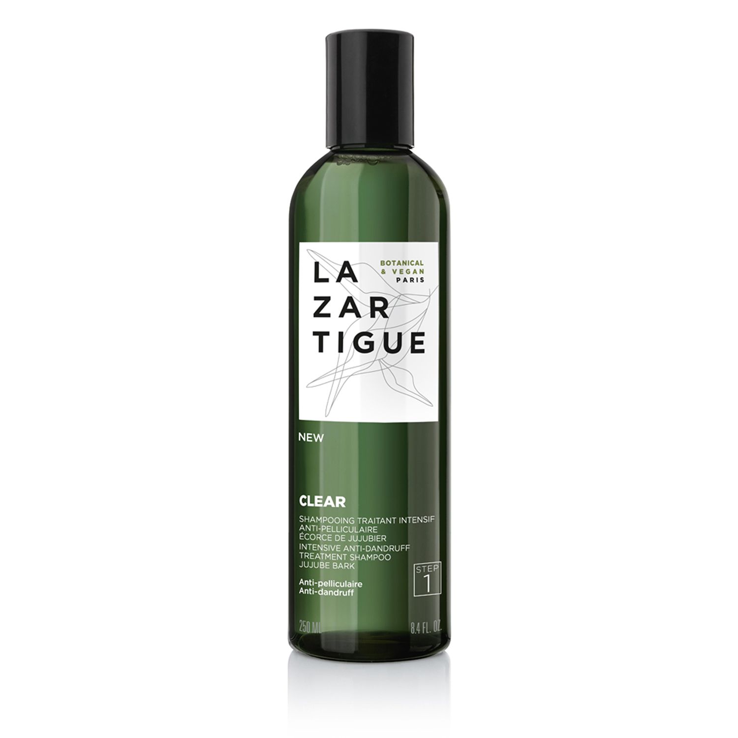 Flacone verde, tappo nero. Scritta LAZARTIGUE CLEAR, Shampoo. Step 1. 250 ml.