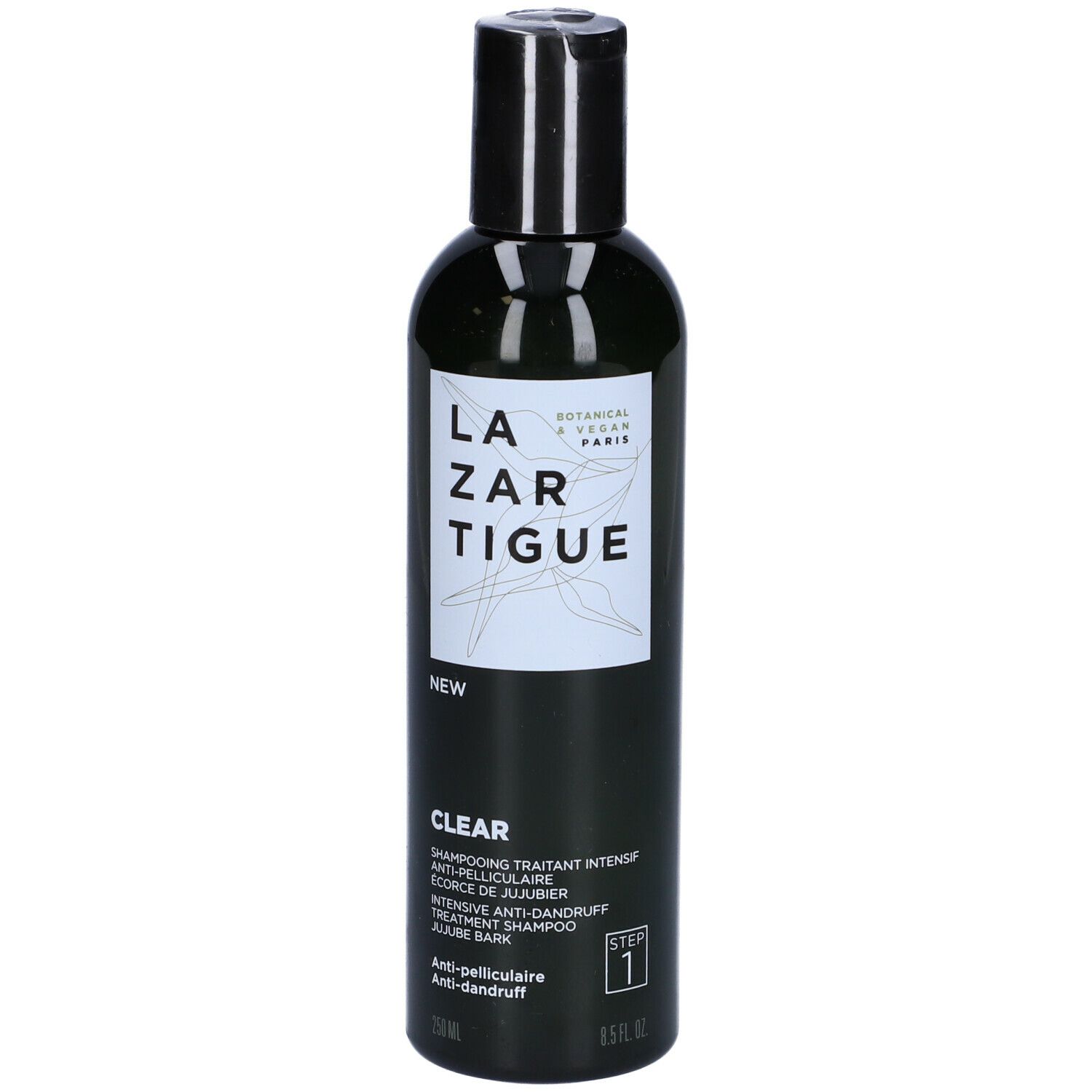 Flacone verde scuro, tappo nero. LAZARTIGUE CLEAR Shampoo. Step 1. 8.5 fl oz.