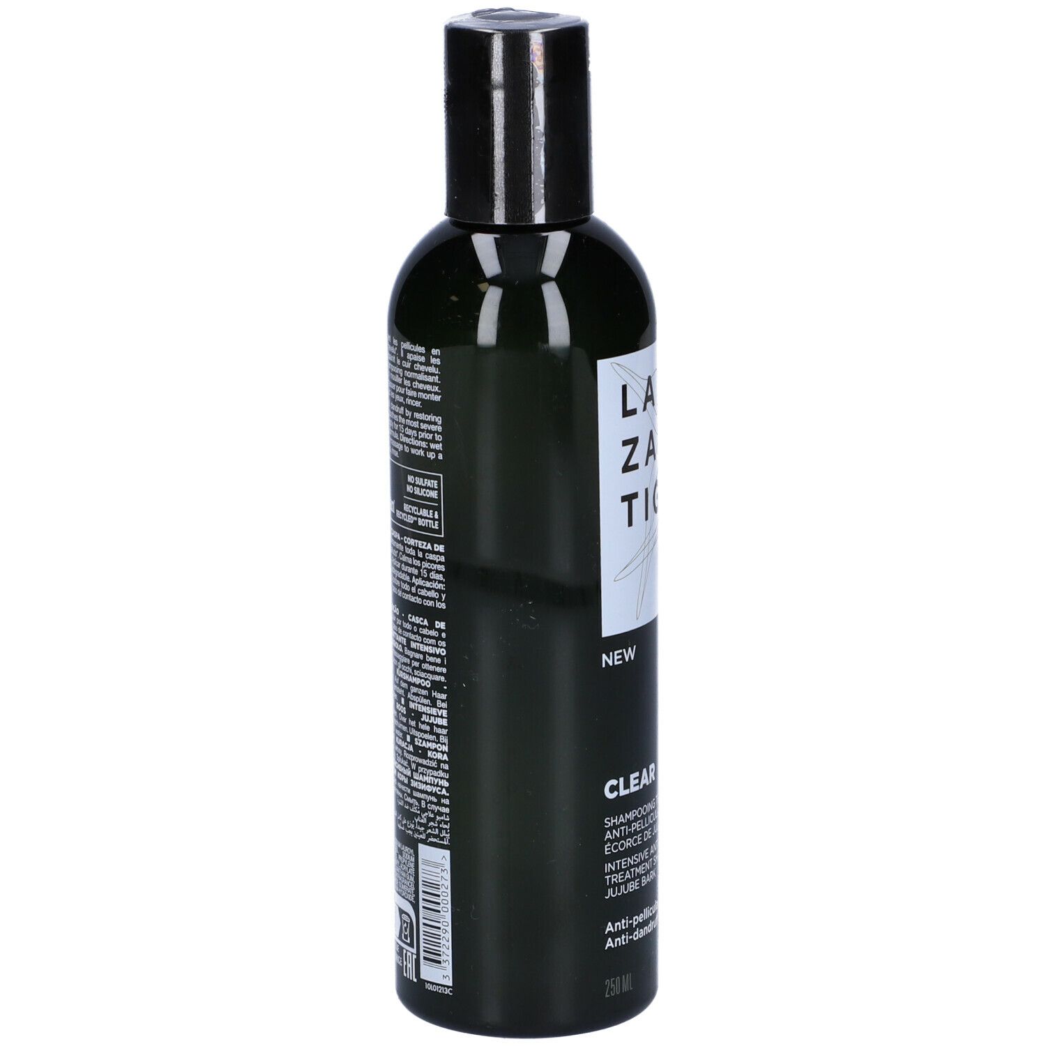 Flacone verde scuro, tappo nero. LAZARTIGUE CLEAR Shampoo. Retro con testo. 250 ml.