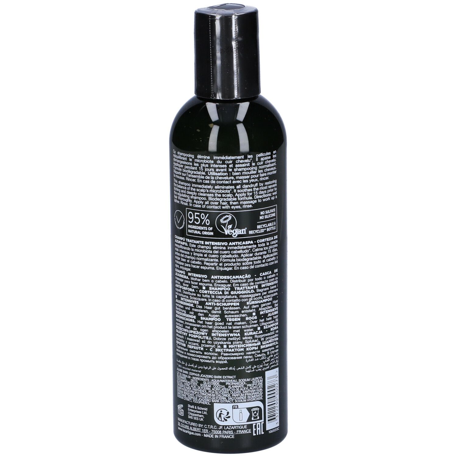 Flacone verde scuro, tappo nero. Retro con testo e loghi. 95% naturale, Vegan.