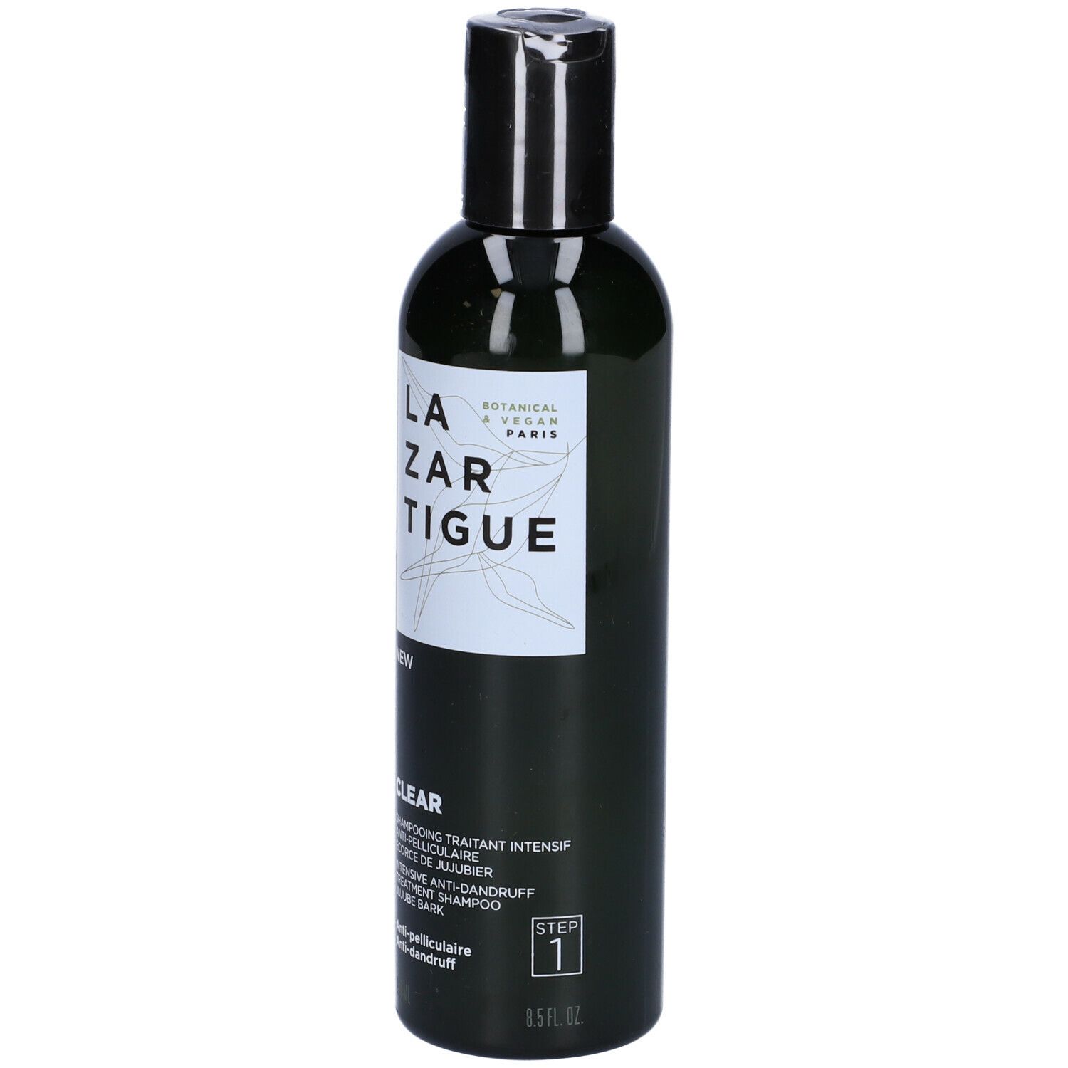 Flacone verde scuro, tappo nero. LAZARTIGUE CLEAR Shampoo. Step 1. 8.5 fl oz.