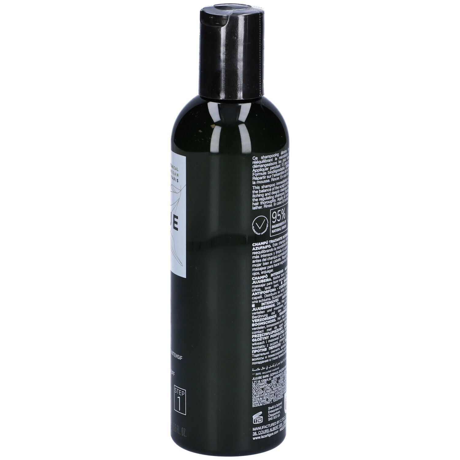 Flacone verde scuro, tappo nero. Retro con testo e loghi. 95% naturale, Vegan.