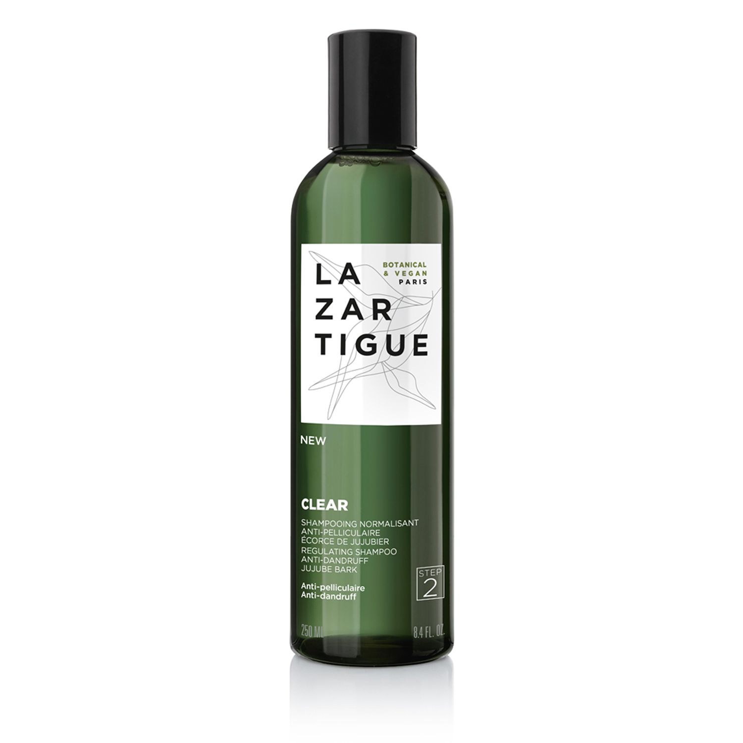 Flacone verde con tappo nero. Scritta: LAZARTIGUE CLEAR, shampoo regolatore, fase 2.