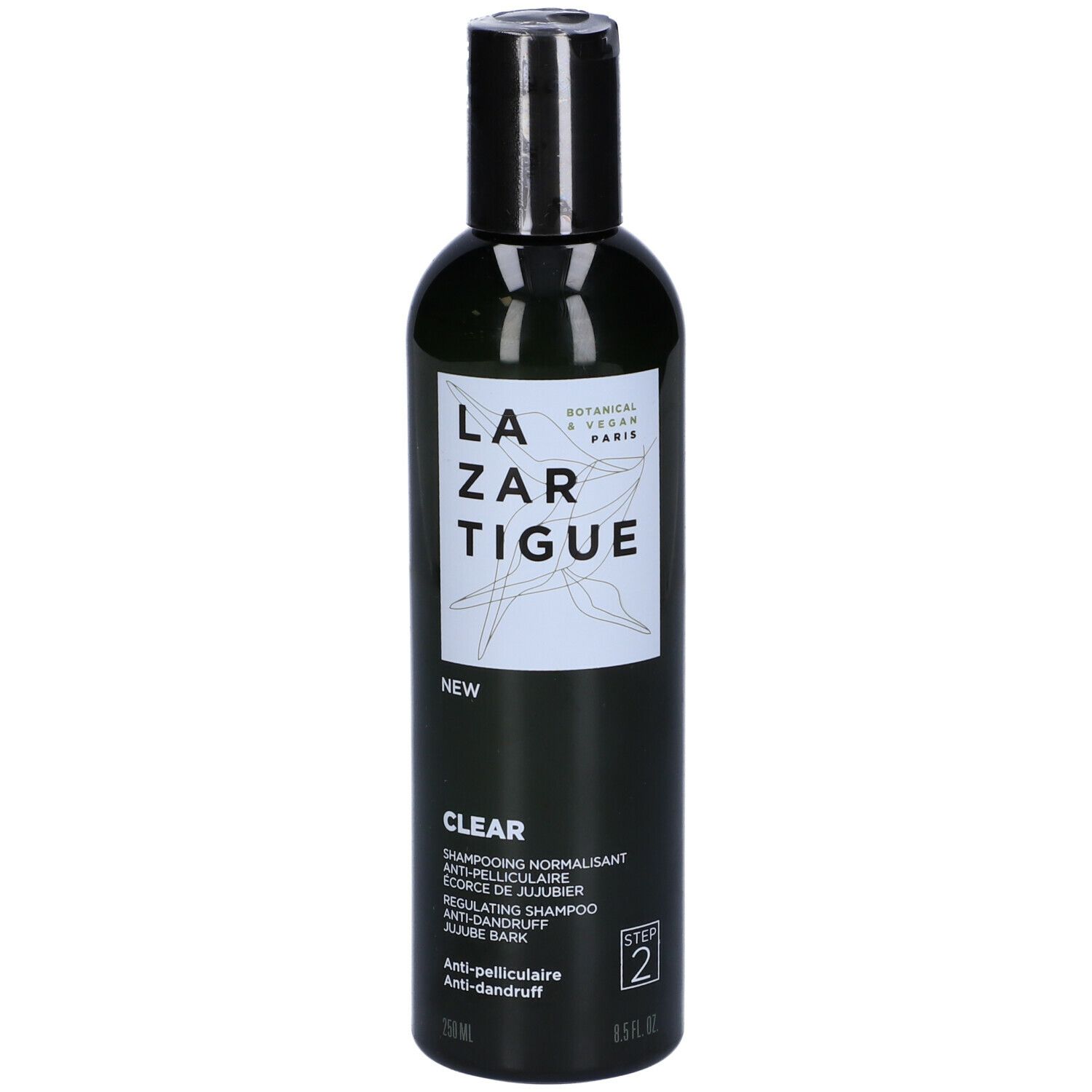 Flacone verde con tappo nero. Scritta: LAZARTIGUE CLEAR, shampoo regolatore, fase 2.
