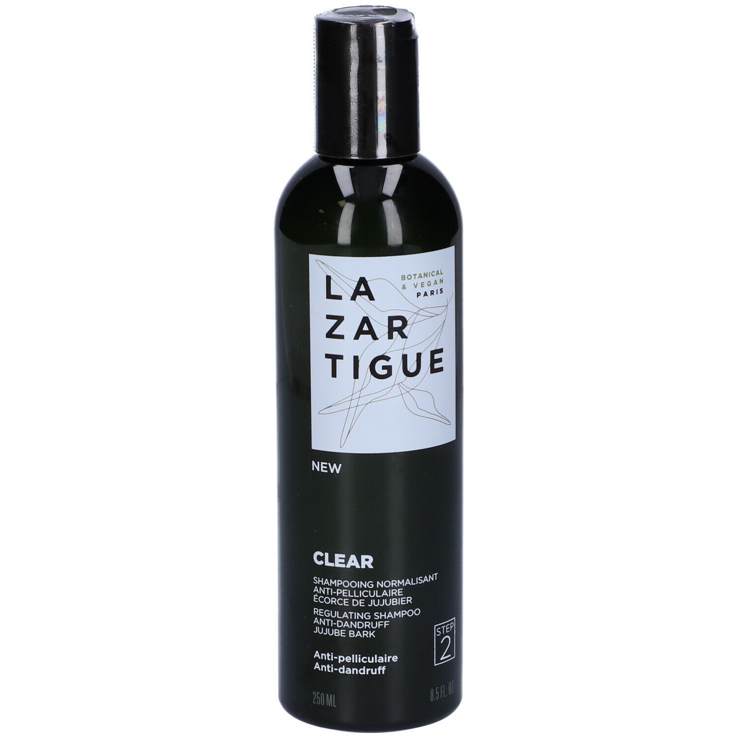 Flacone verde con tappo nero. Scritta: LAZARTIGUE CLEAR, shampoo regolatore, fase 2.