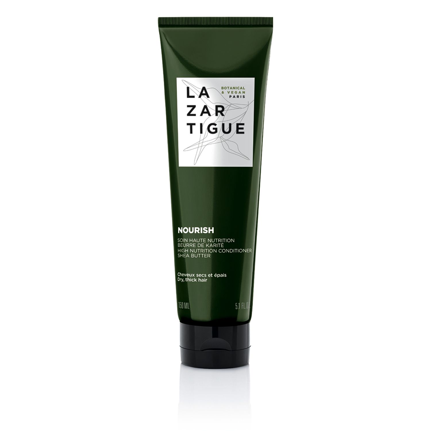 Tubo verde con etichetta bianca. Scritta: LAZARTIGUE, NOURISH, burro di karité. Per capelli secchi e spessi.
