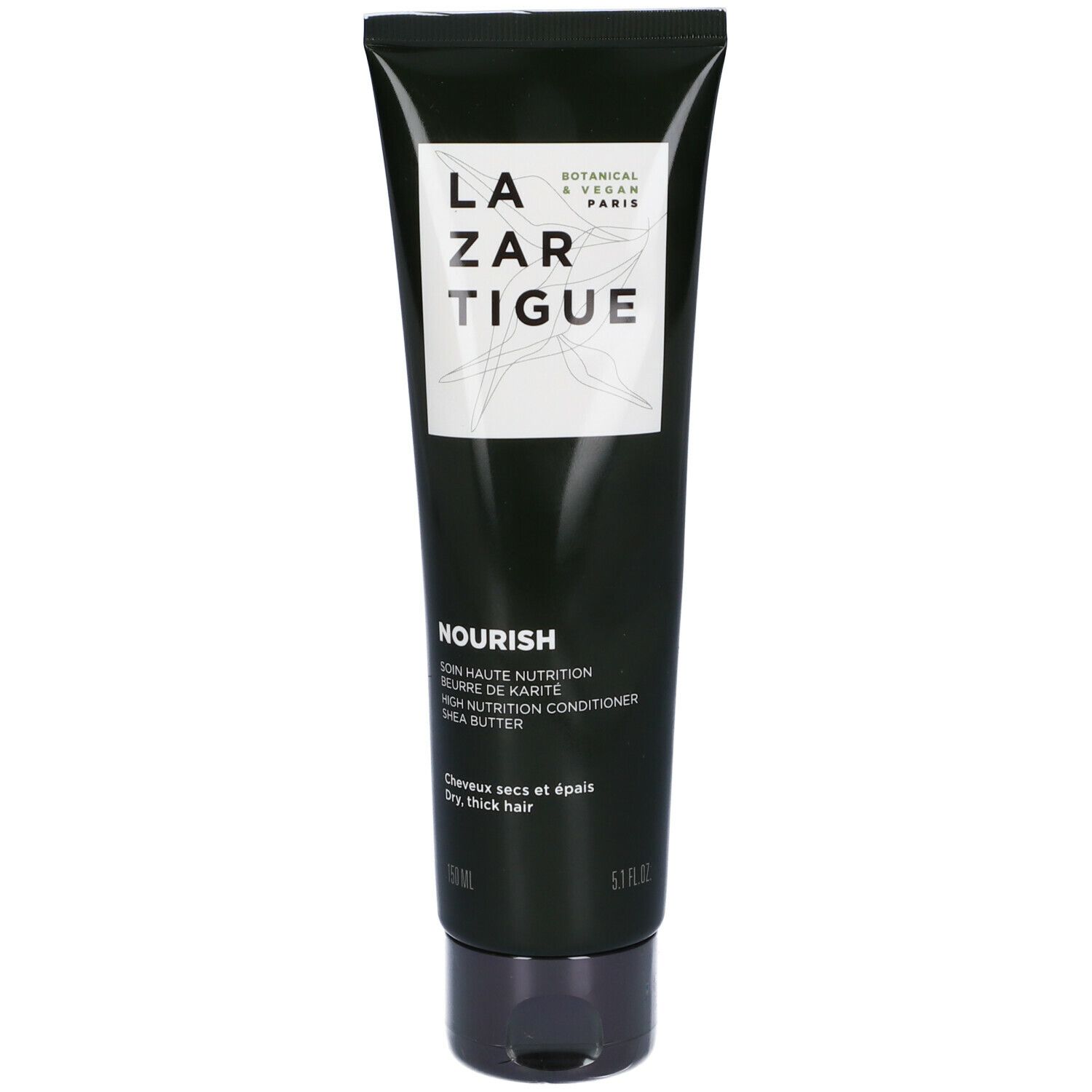Tubo nero con etichetta bianca. Scritta: LAZARTIGUE, NOURISH, burro di karité. Per capelli secchi e spessi.
