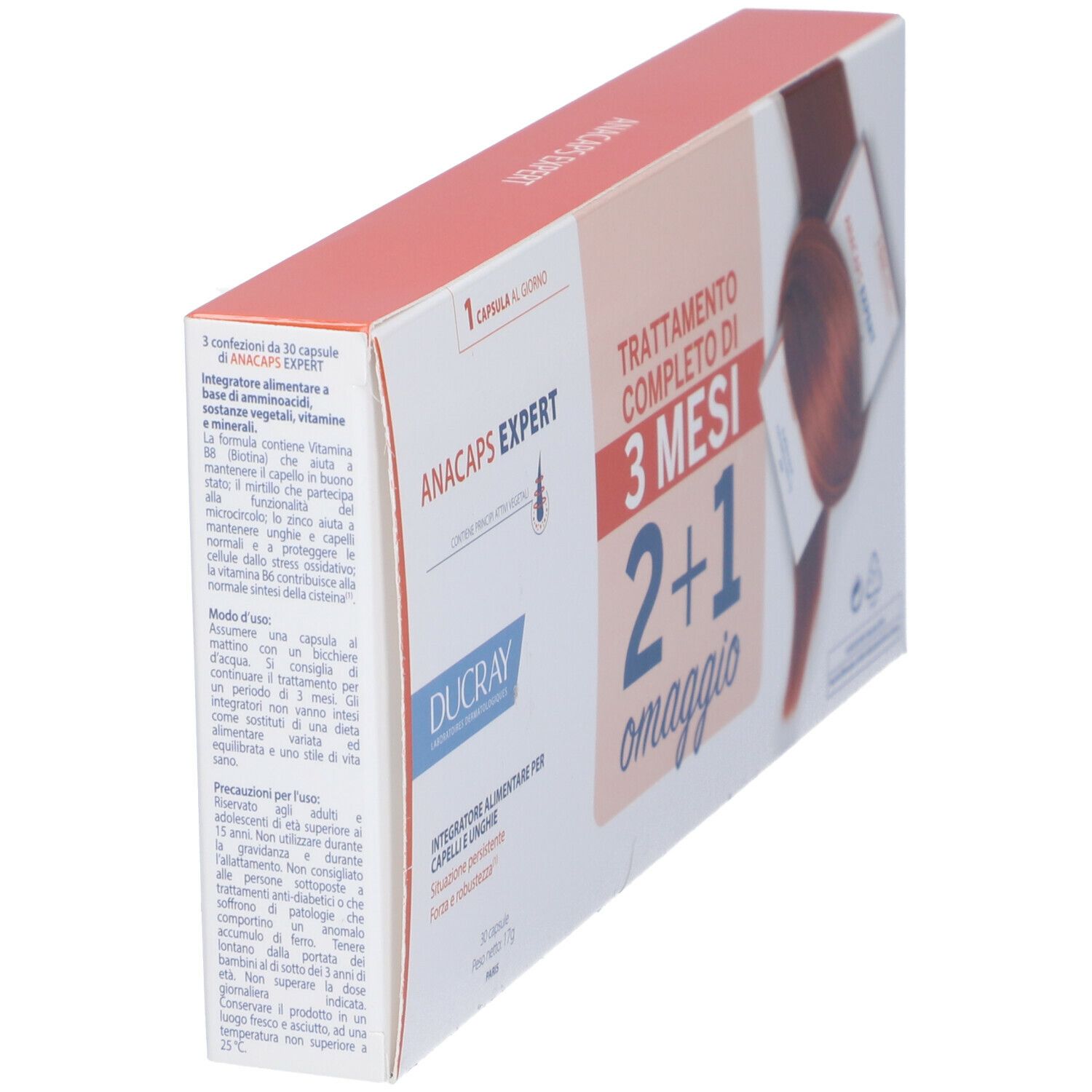 Confezione del prodotto in diagonale. Scritto: ANACAPS EXPERT, DUCRAY, 2+1 omaggio. Contiene capsule.
