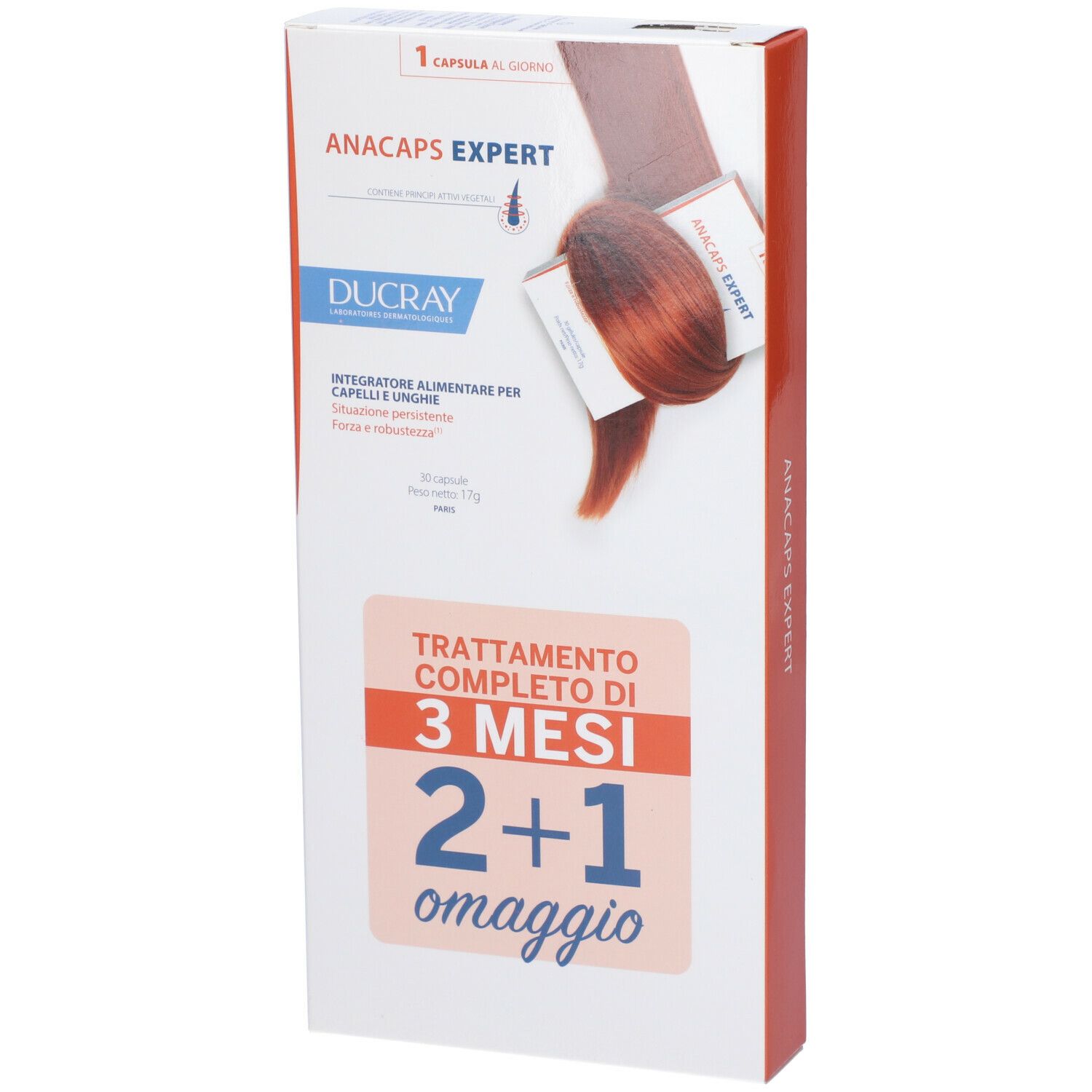 Confezione del prodotto con testo e immagine. Scritto: ANACAPS EXPERT, DUCRAY, 2+1 omaggio. Contiene capsule.