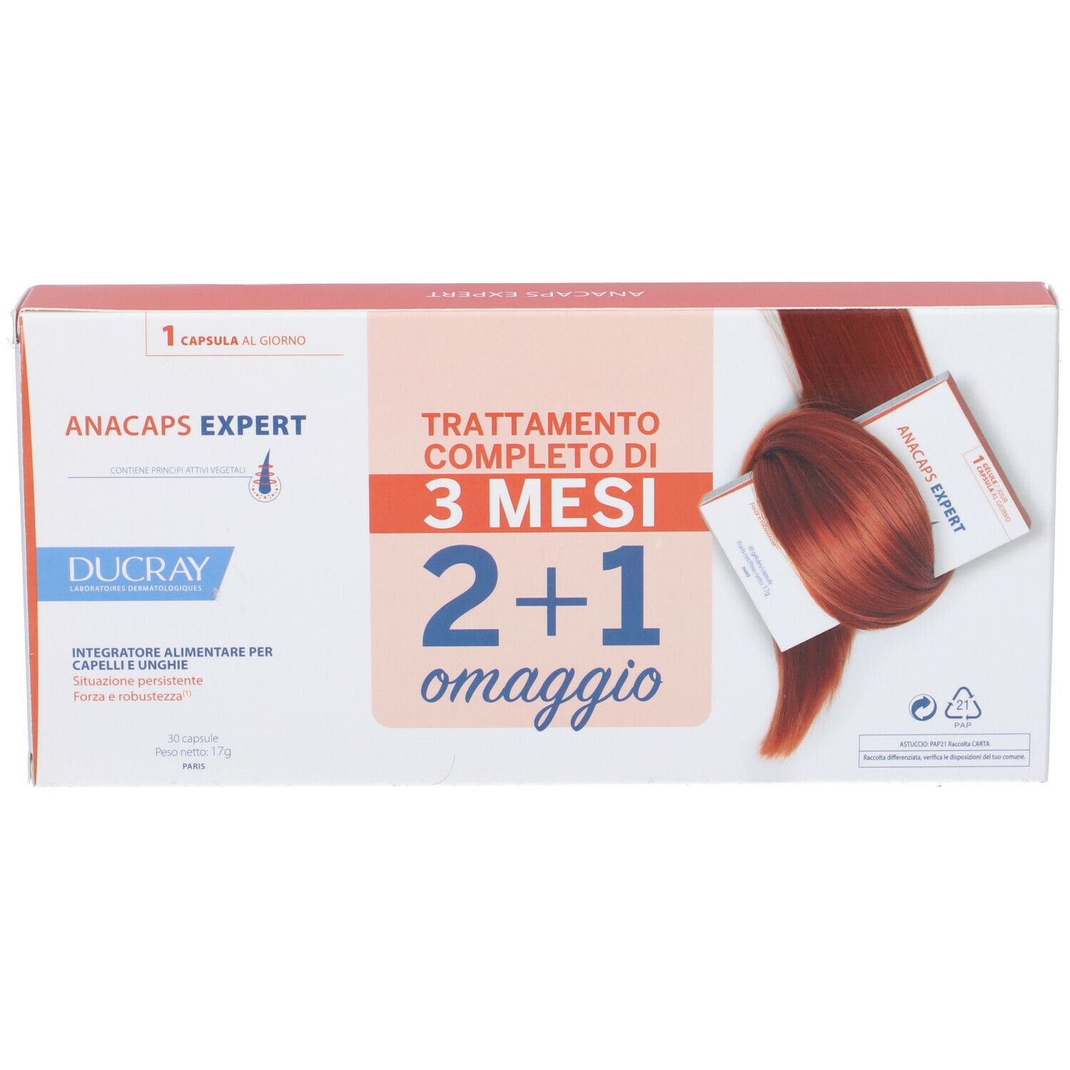 Confezione del prodotto con testo e immagine. Scritto: ANACAPS EXPERT, DUCRAY, 2+1 omaggio. Contiene capsule.