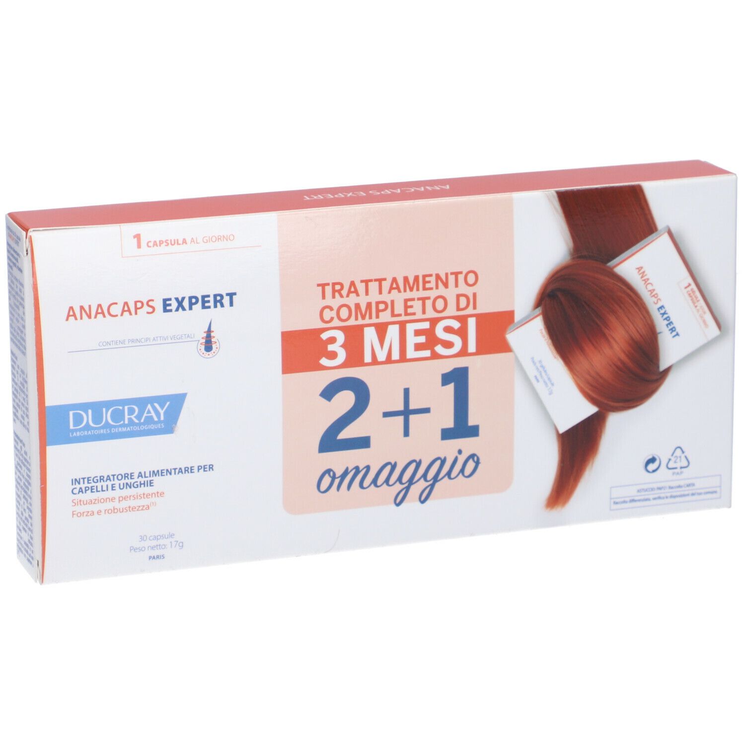 Confezione del prodotto con testo e immagine. Scritto: ANACAPS EXPERT, DUCRAY, 2+1 omaggio. Contiene capsule.