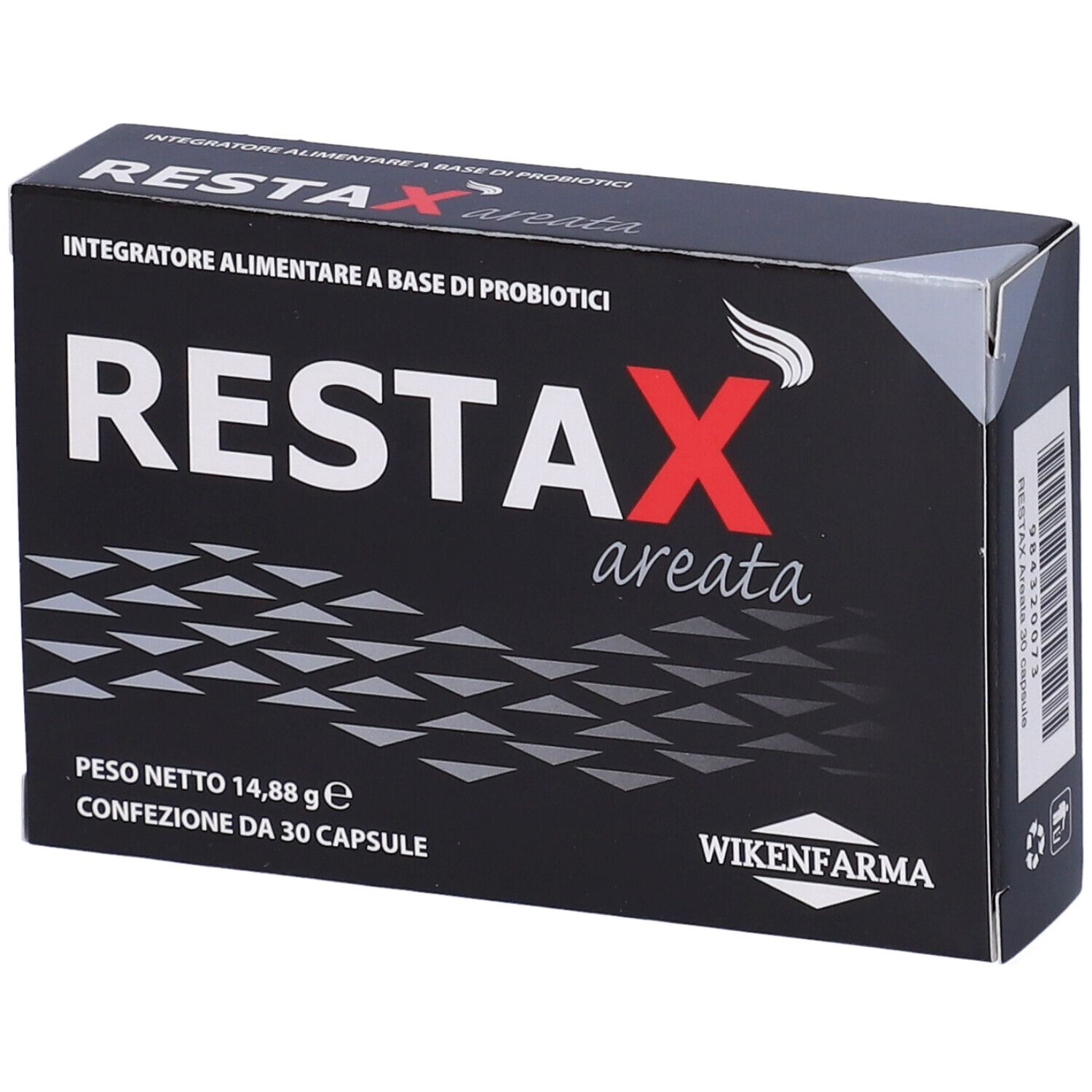 Scatola nera con scritte bianche e rosse. Contiene 30 capsule. Marca: Restax Areata.