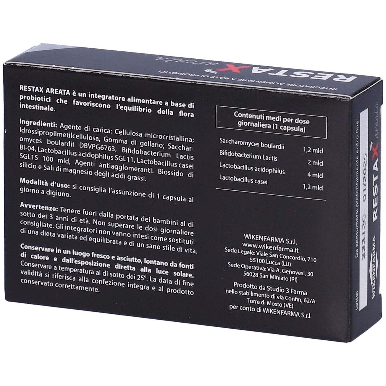 Scatola nera con scritte bianche e rosse. Contiene 30 capsule. Marca: Restax Areata.