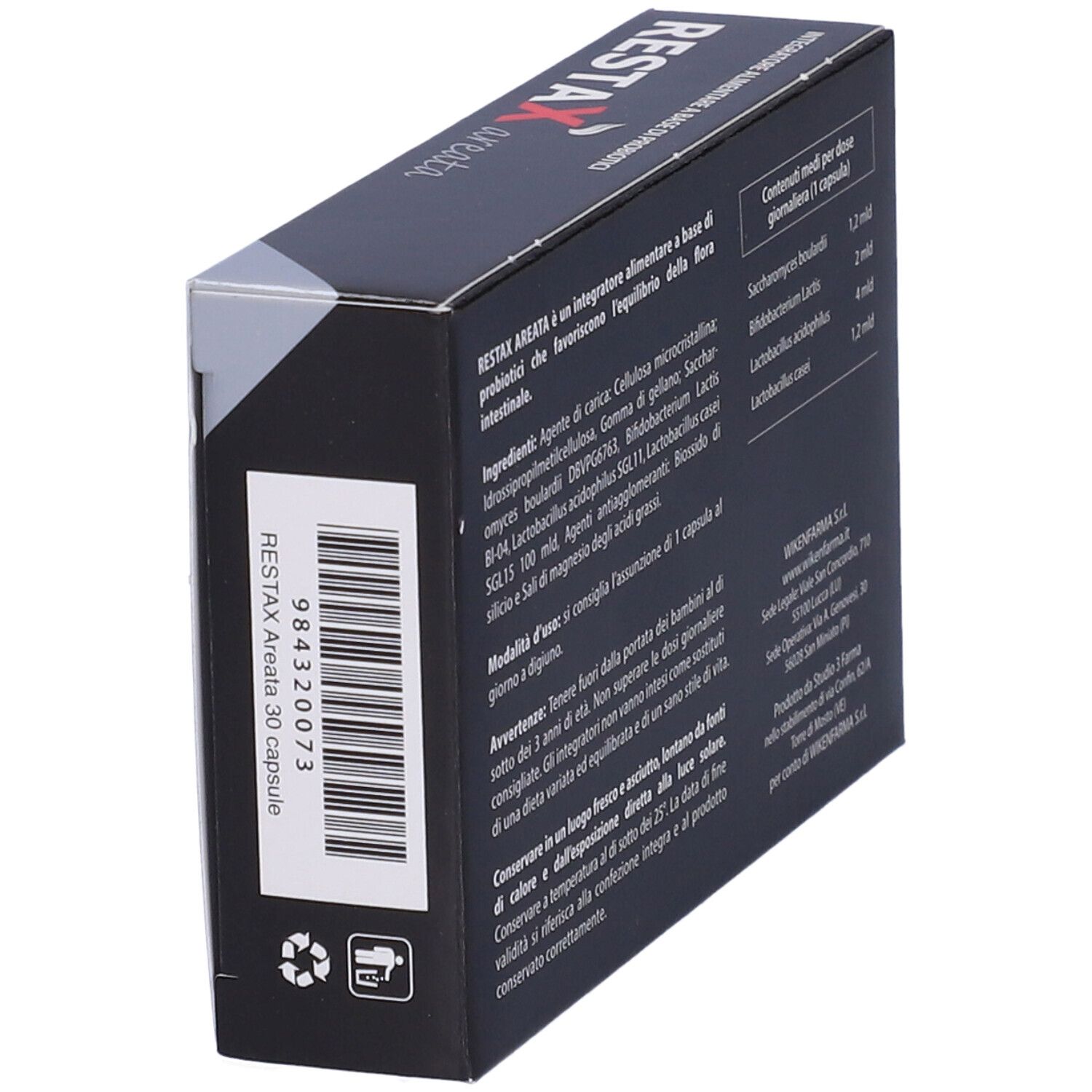 Scatola nera con scritte bianche e rosse. Contiene 30 capsule. Marca: Restax Areata.