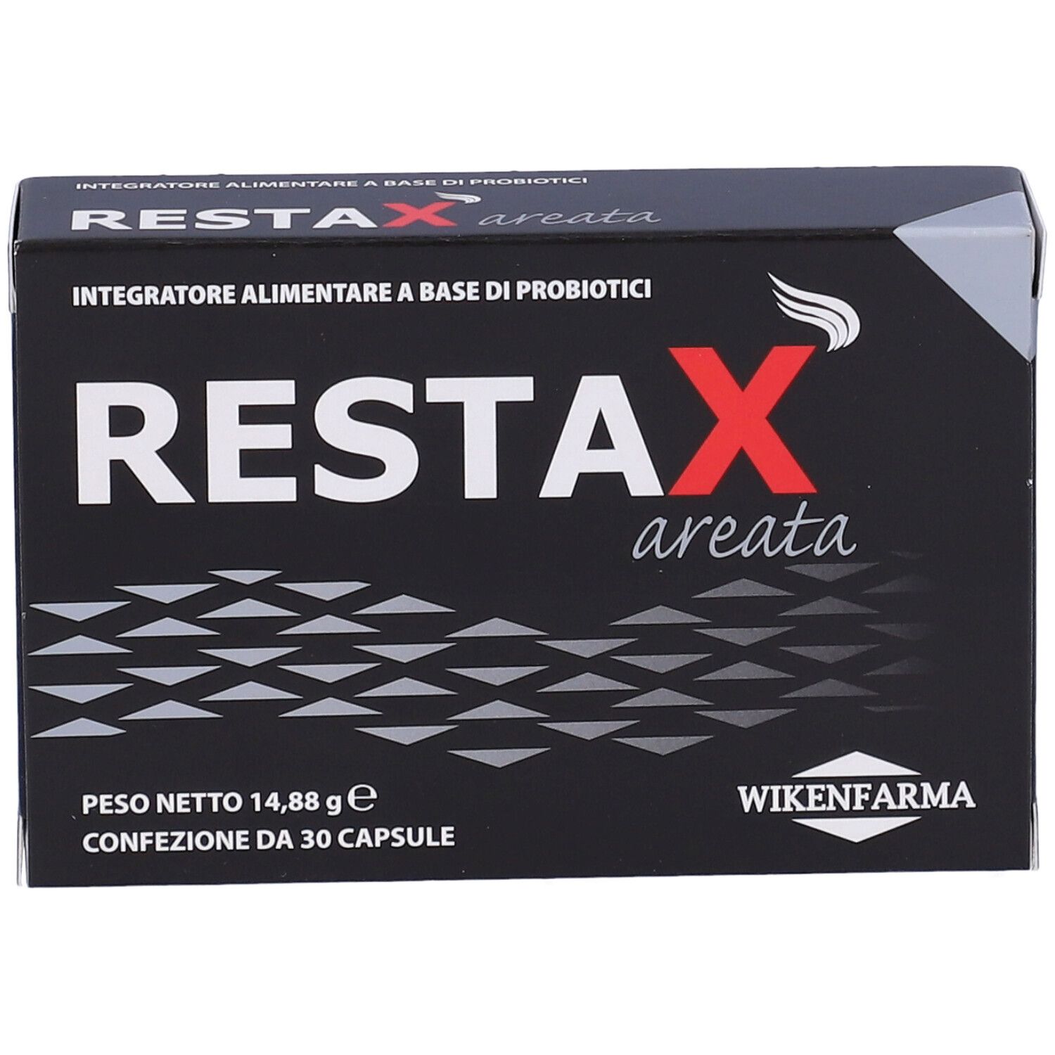 Scatola nera con scritte bianche e rosse. Contiene 30 capsule. Marca: Restax Areata.