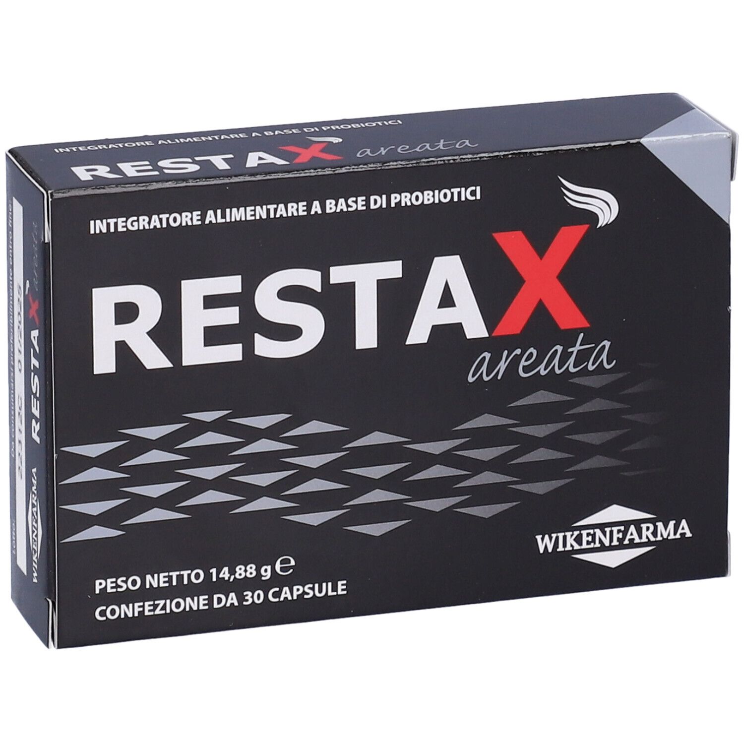 Scatola nera con scritte bianche e rosse. Contiene 30 capsule. Marca: Restax Areata.