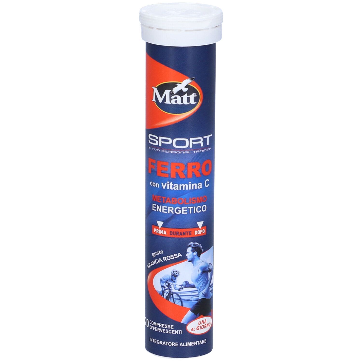 Confezione cilindrica di Matt® Ferro con Vitamina C. Scritte: Sport, Ferro, con Vitamina C, 20 compresse effervescenti.