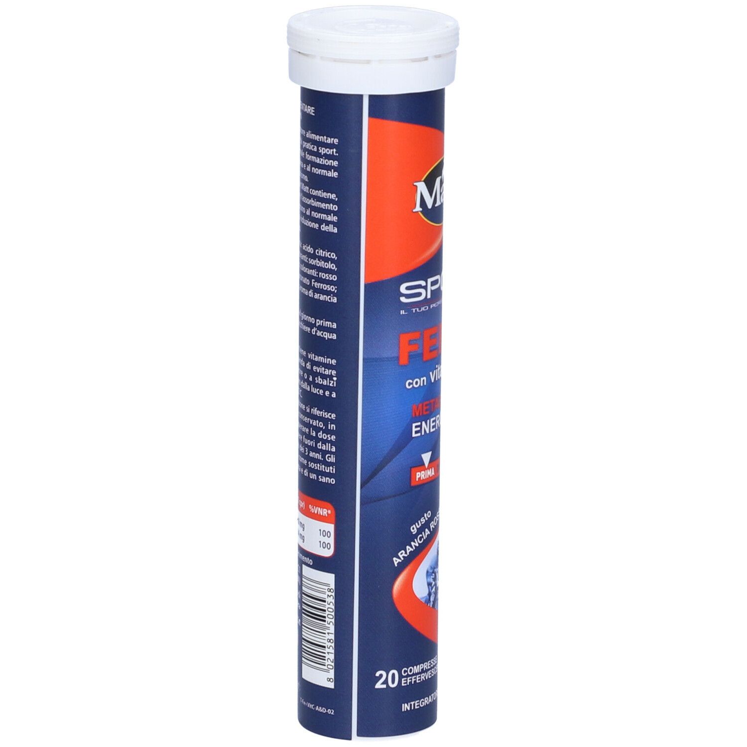 Confezione cilindrica Matt® Ferro con Vitamina C. Scritte: Sport, Ferro, con Vitamina C, 20 compresse effervescenti. Testo sul retro.