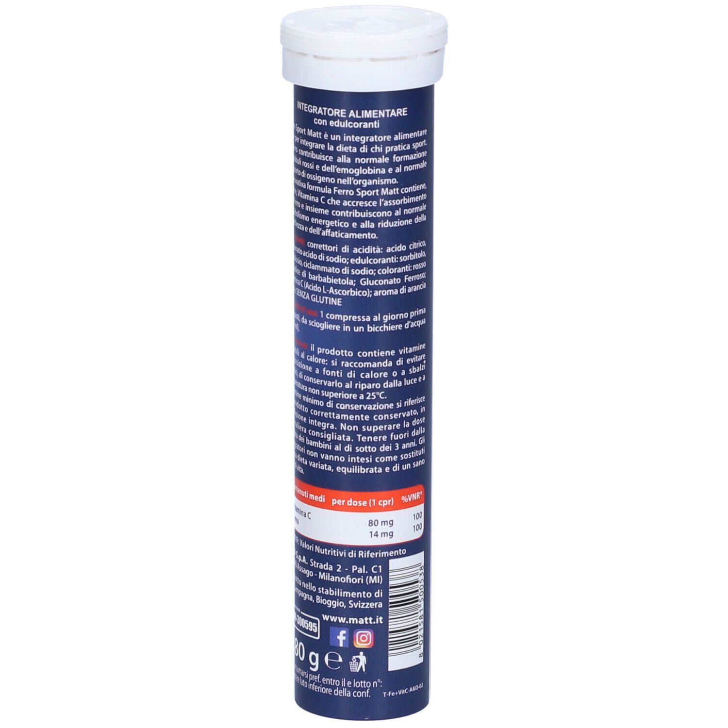 Retro della confezione cilindrica Matt® Ferro con Vitamina C. Testo con ingredienti e informazioni nutrizionali.