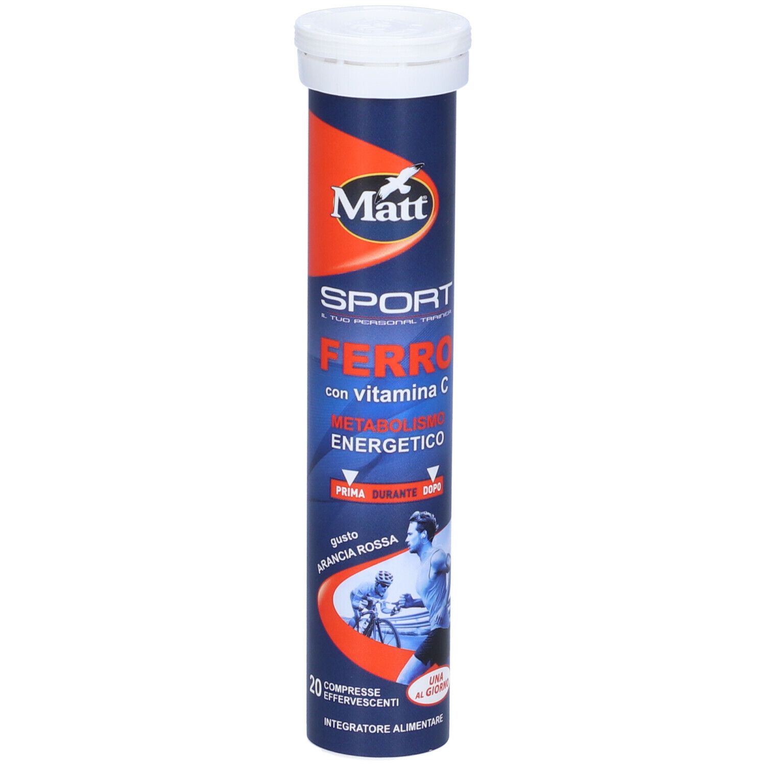 Confezione cilindrica Matt® Ferro con Vitamina C. Scritte: Sport, Ferro, con Vitamina C, 20 compresse effervescenti. Primo piano.
