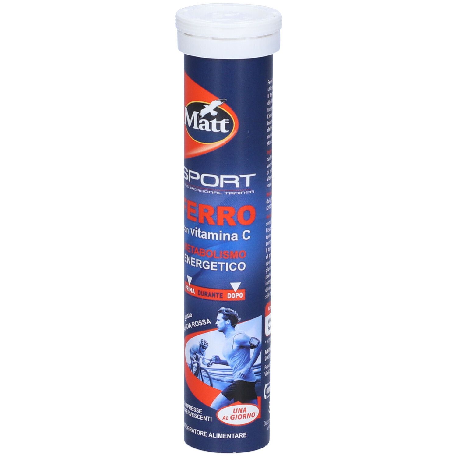 Confezione cilindrica Matt® Ferro con Vitamina C. Scritte: Sport, Ferro, con Vitamina C, 20 compresse effervescenti. Primo piano.