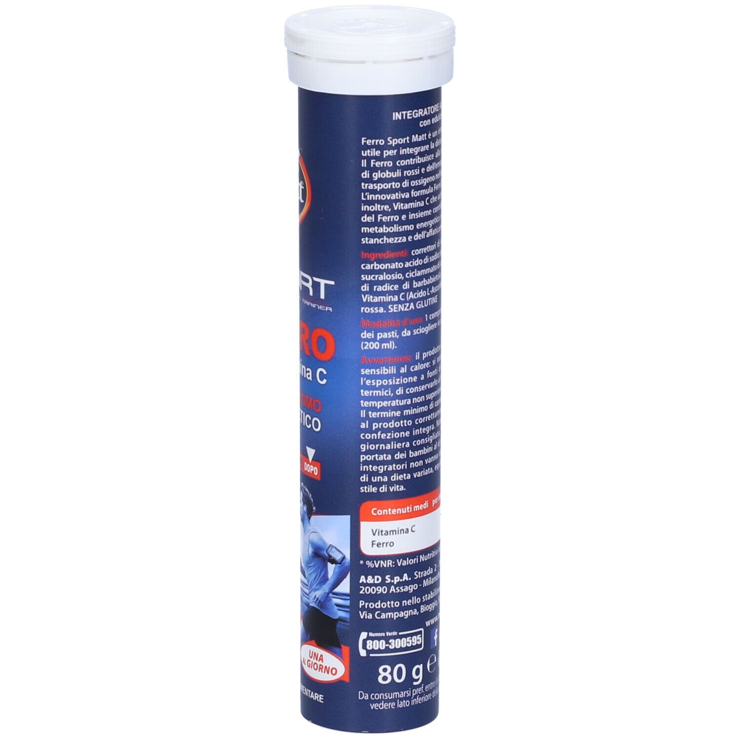 Confezione cilindrica Matt® Ferro con Vitamina C. Scritte: Sport, Ferro, con Vitamina C, 20 compresse effervescenti. Primo piano.