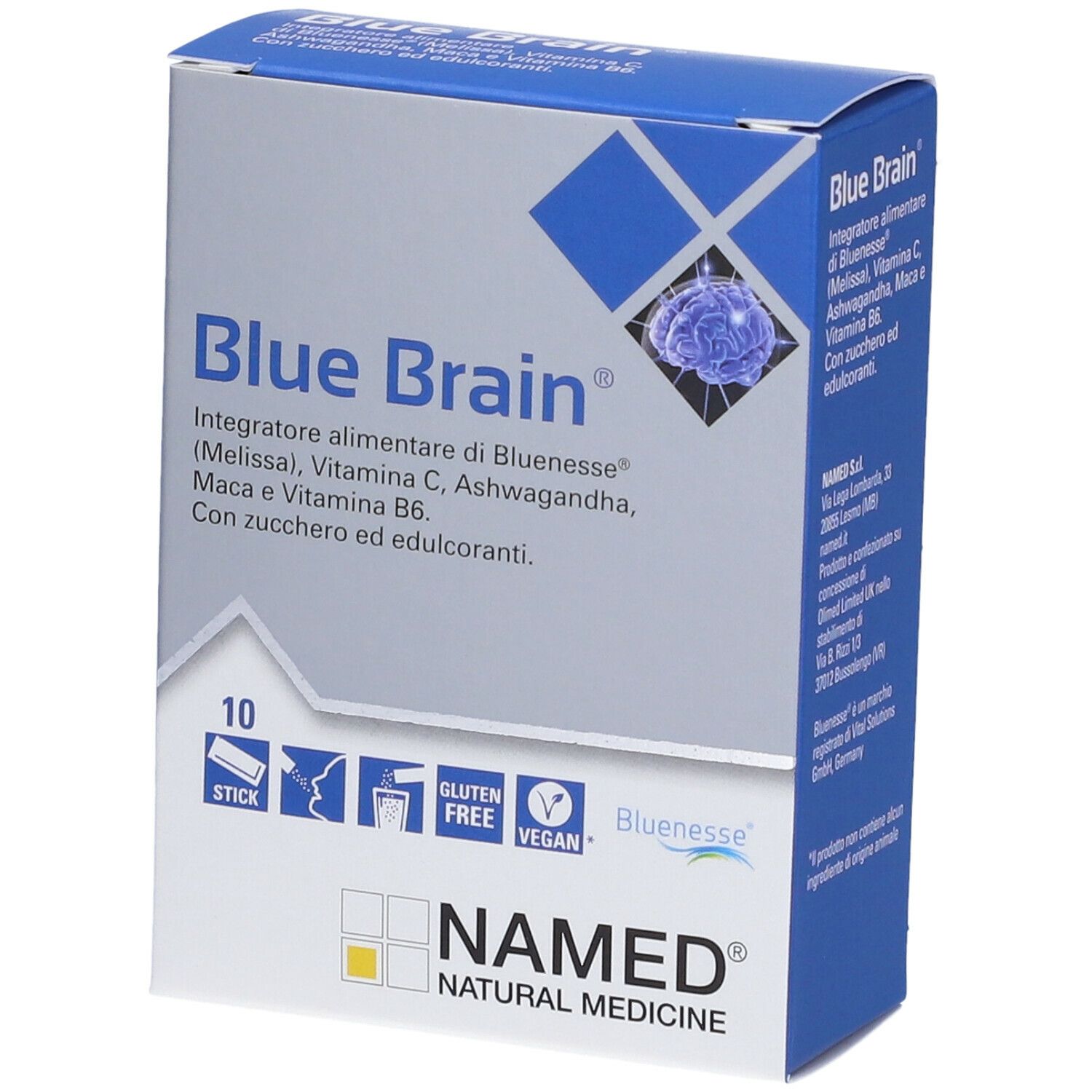 Scatola blu e bianca NAMED® Blue Brain® Stick Orali. Contiene 10 stick. Senza glutine, vegano. Testo: Blue Brain®.