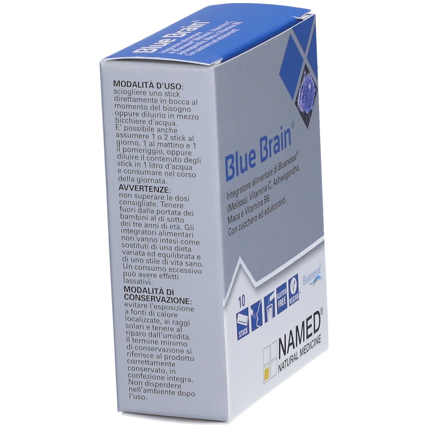 Scatola blu NAMED® Blue Brain® Stick Orali. Contiene 10 stick. Testo: Blue Brain®. Istruzioni per l'uso sul lato.