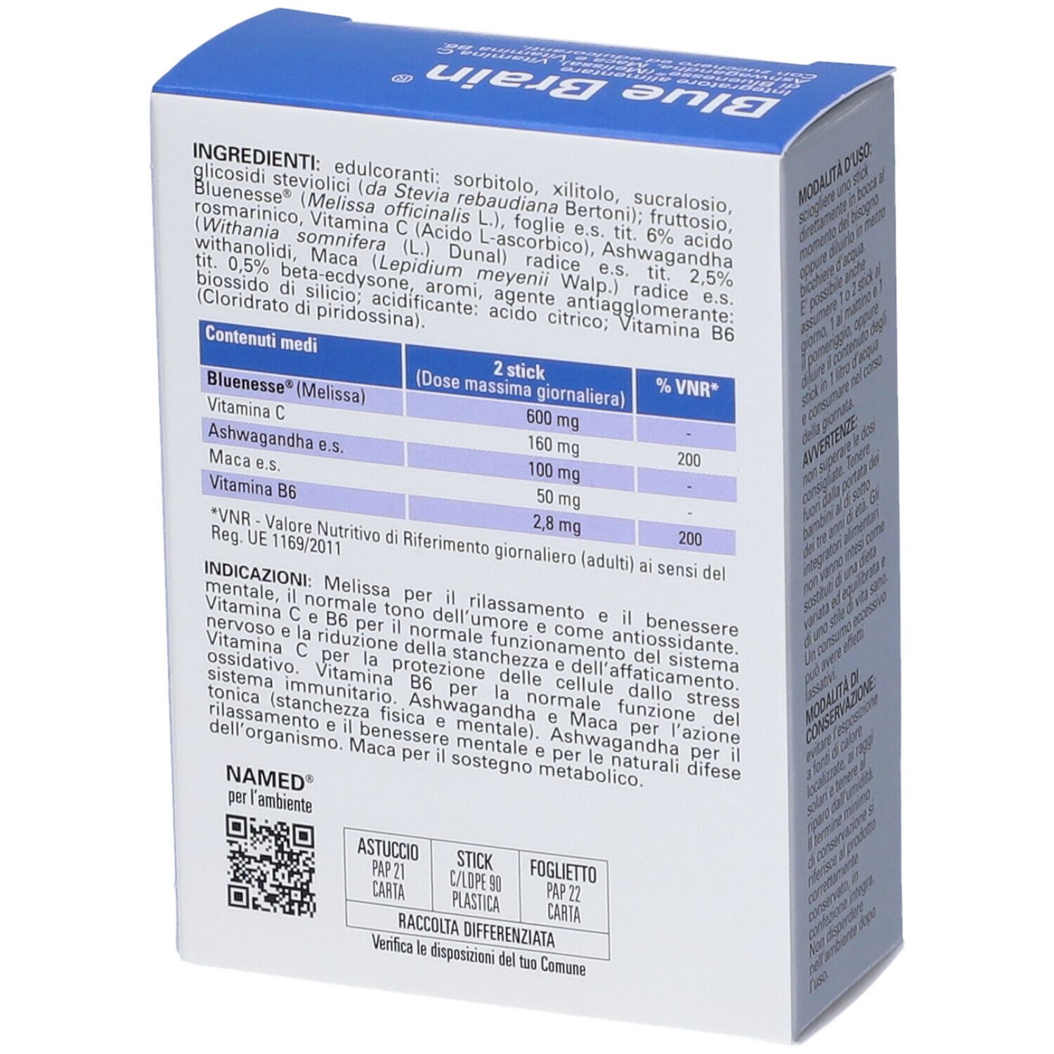 Retro della scatola blu NAMED® Blue Brain® Stick Orali. Contiene ingredienti e informazioni nutrizionali. Testo: Blue Brain®.