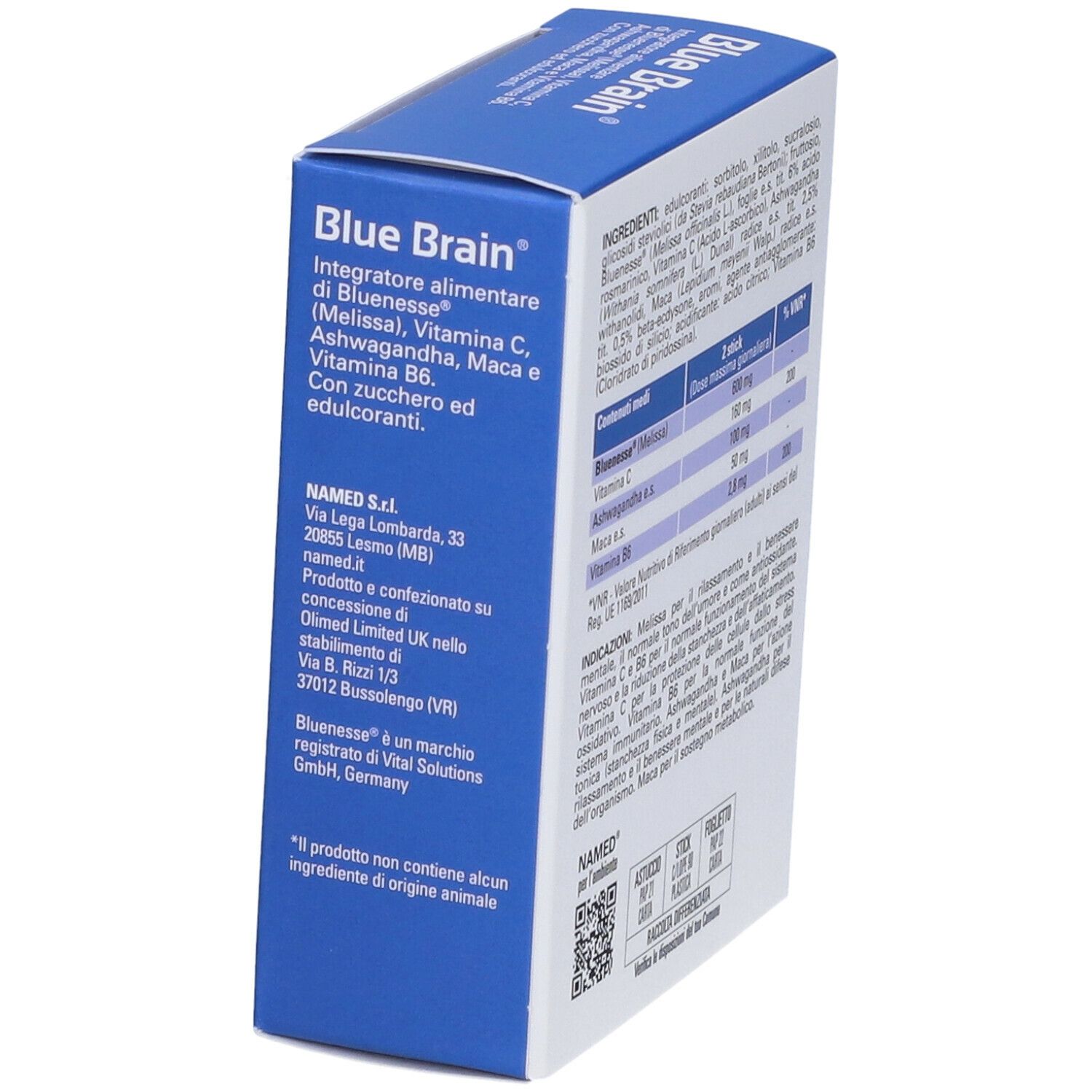 Scatola blu NAMED® Blue Brain® Stick Orali. Contiene ingredienti e informazioni nutrizionali. Testo: Blue Brain®. Logo NAMED®.