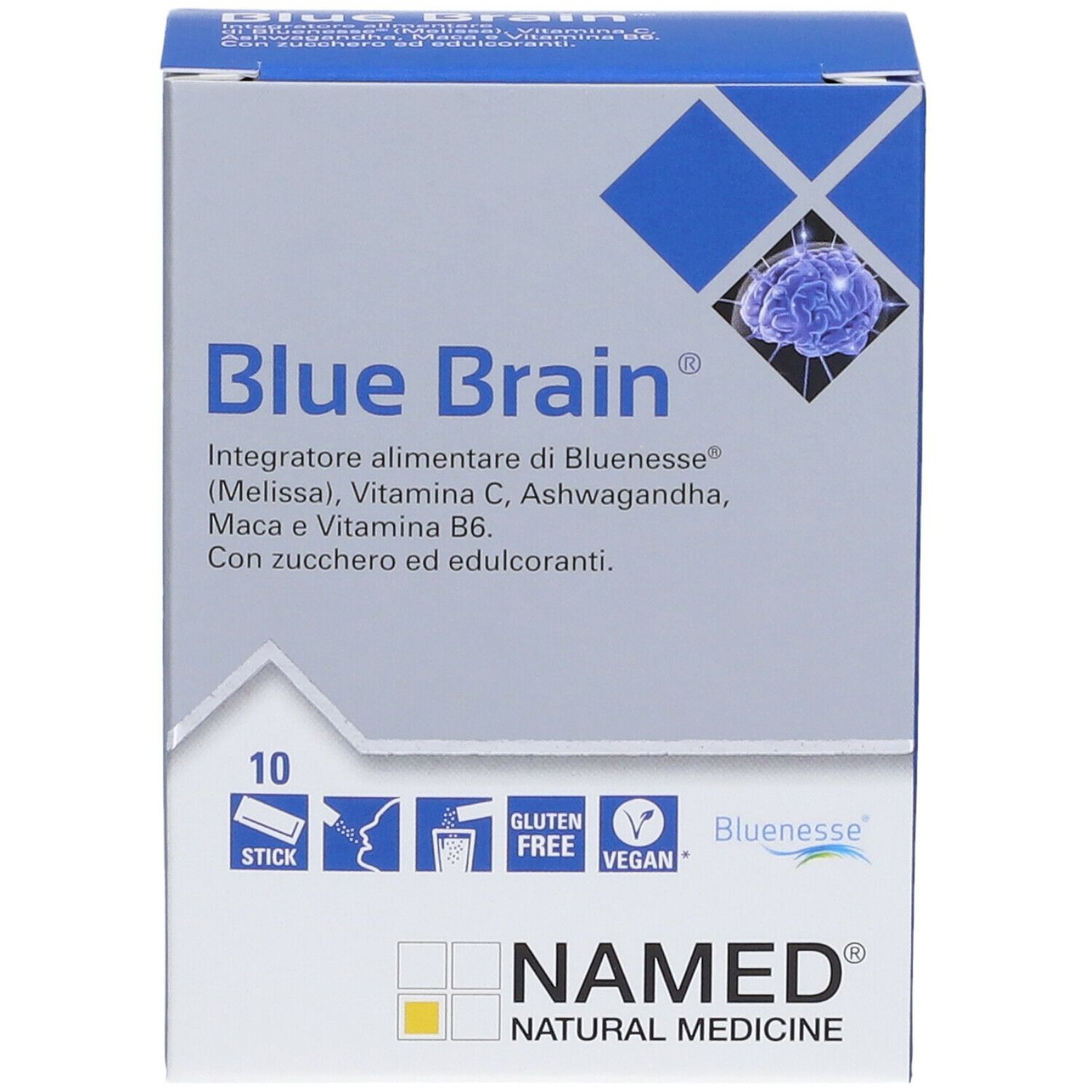 Scatola blu e bianca NAMED® Blue Brain® Stick Orali. Contiene 10 stick. Senza glutine, vegano. Testo: Blue Brain® e NAMED®.
